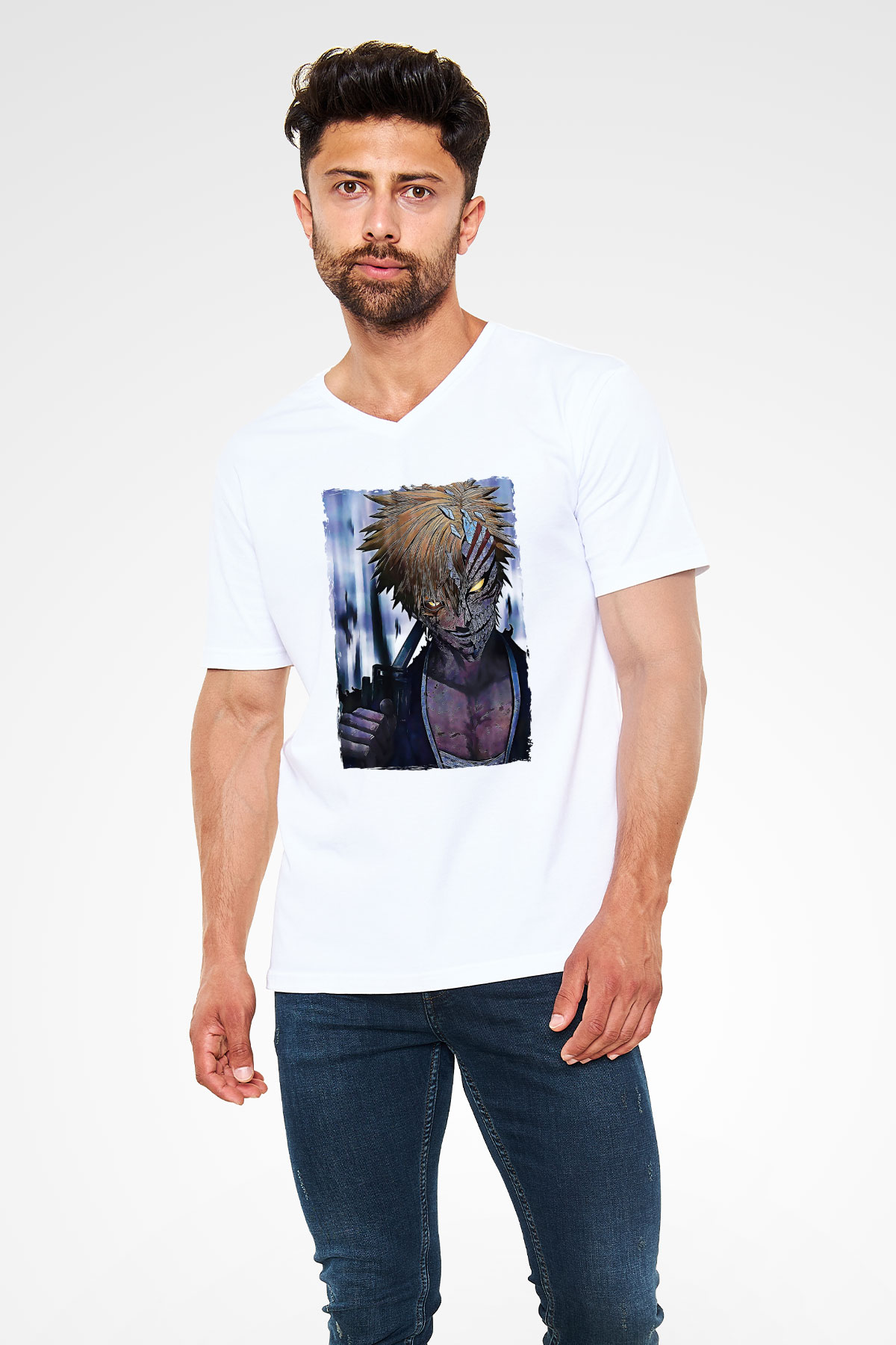 Bleach Baskılı Beyaz Unisex V Yaka Tişört - Tshirt