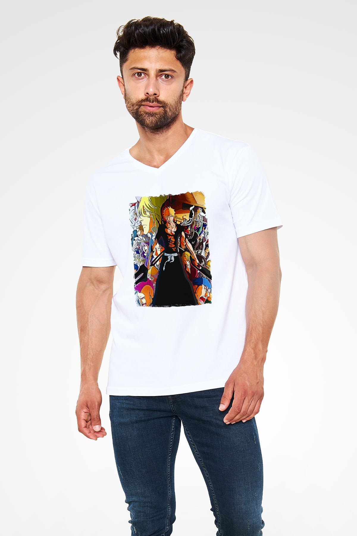 Bleach Baskılı Beyaz Unisex V Yaka Tişört - Tshirt
