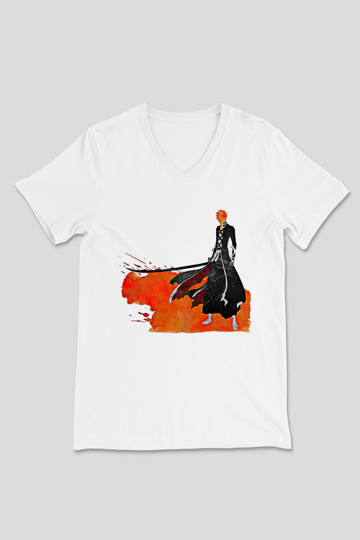 Bleach Baskılı Beyaz Unisex V Yaka Tişört - Tshirt