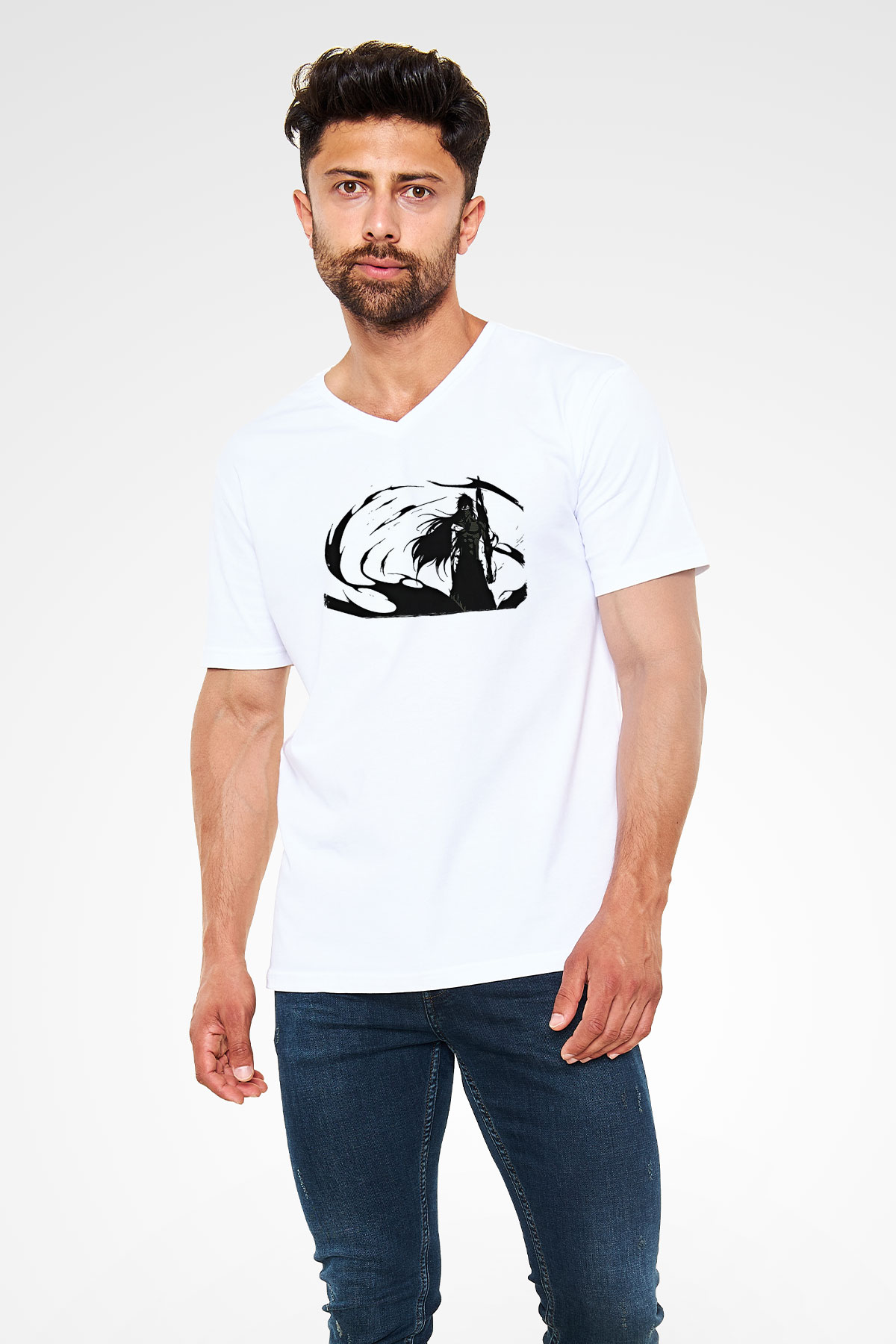 Bleach Baskılı Beyaz Unisex V Yaka Tişört - Tshirt