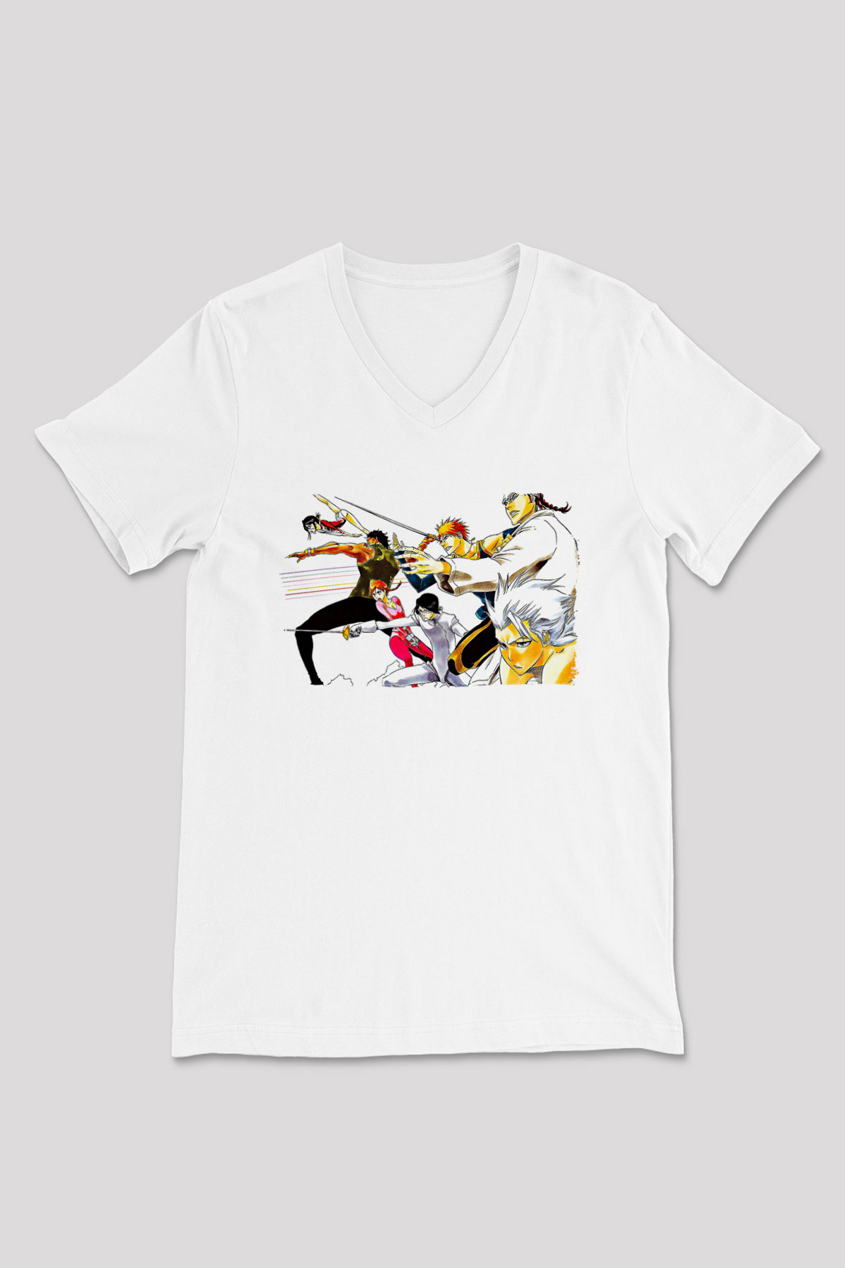 Bleach Baskılı Beyaz Unisex V Yaka Tişört - Tshirt