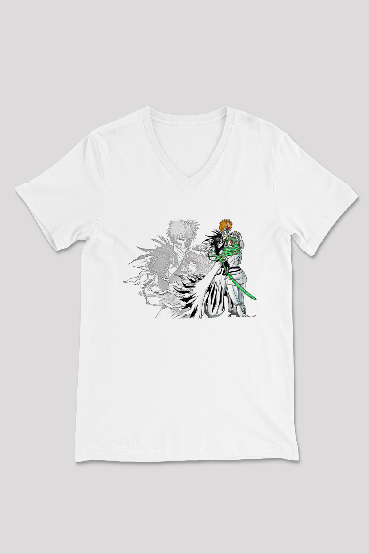 Bleach Baskılı Beyaz Unisex V Yaka Tişört - Tshirt