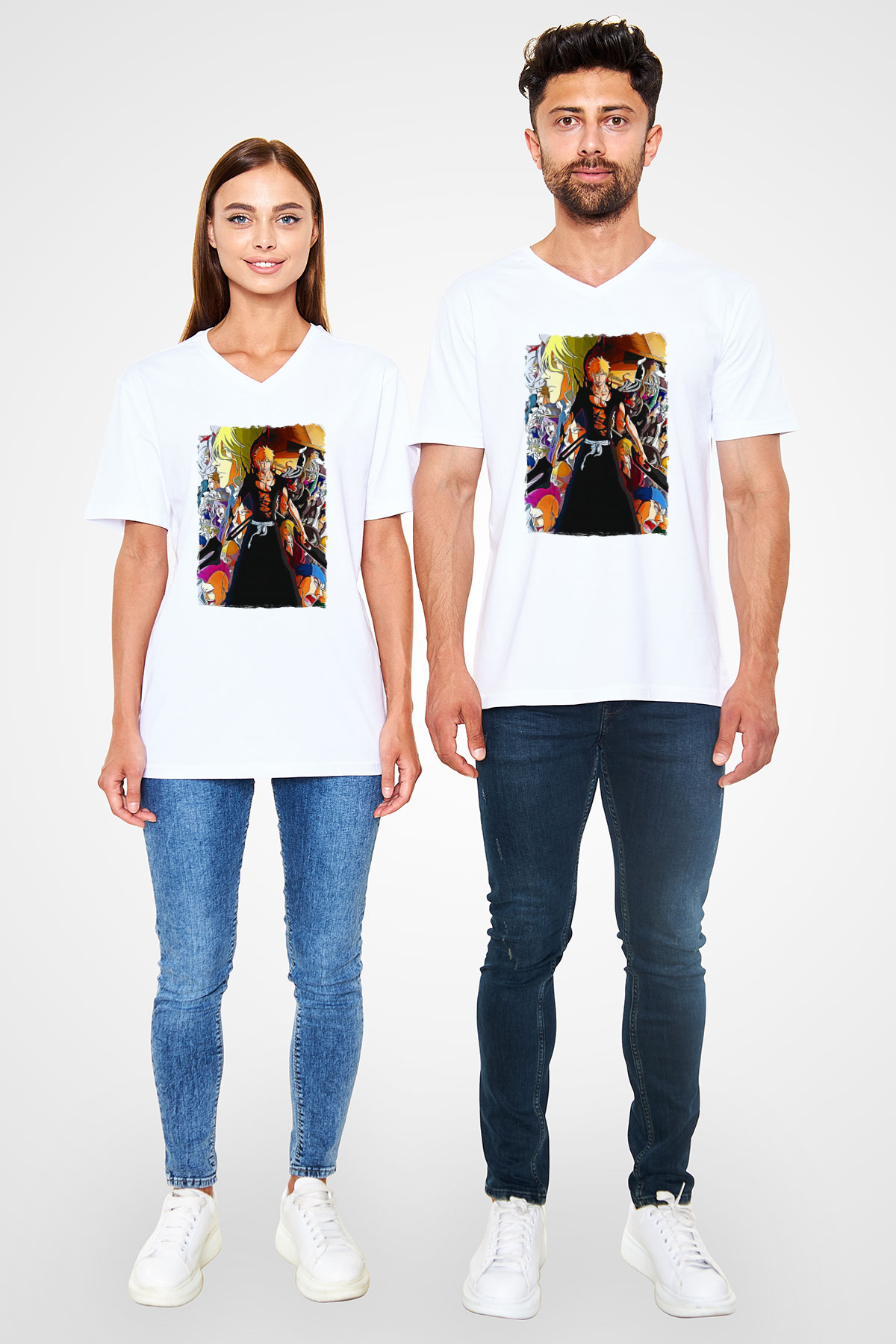 Bleach Baskılı Beyaz Unisex V Yaka Tişört - Tshirt