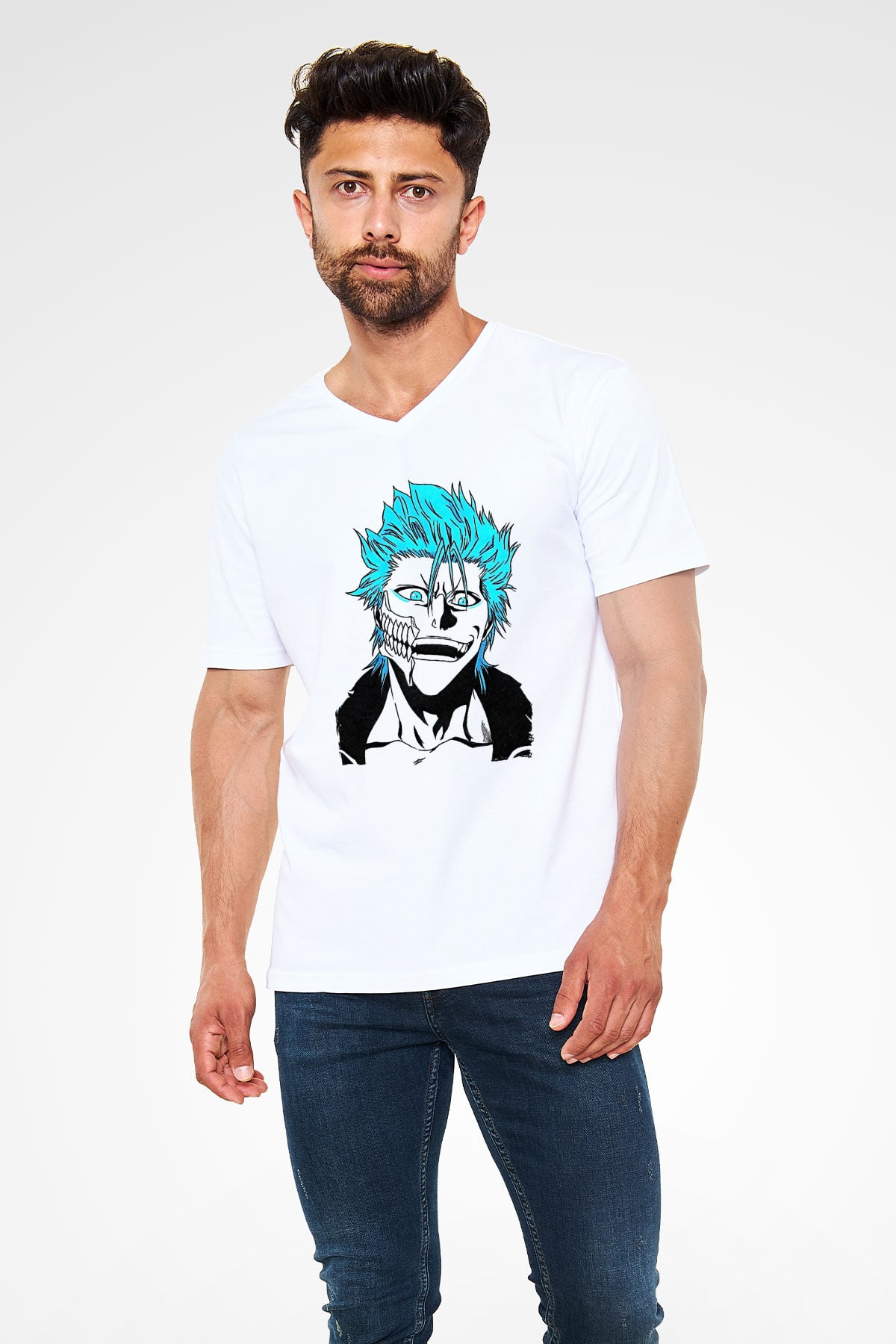 Bleach Baskılı Beyaz Unisex V Yaka Tişört - Tshirt