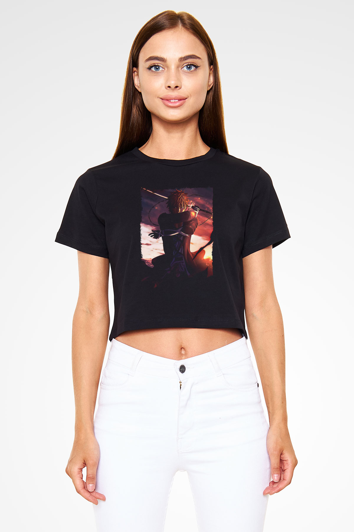 Bleach Baskılı Siyah Crop Top Kadın Tişört - Tshirt