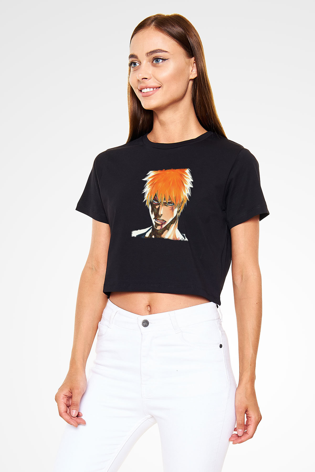 Bleach Baskılı Siyah Crop Top Kadın Tişört - Tshirt