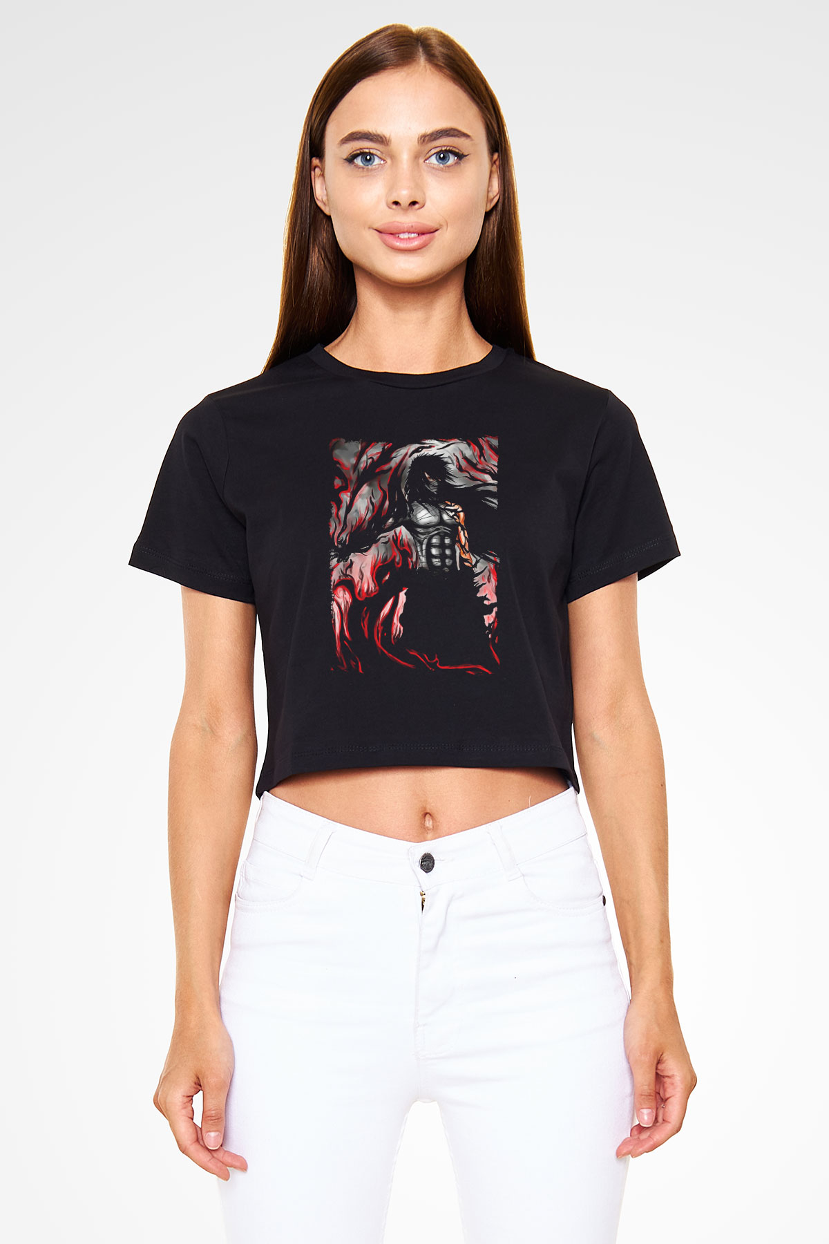 Bleach Baskılı Siyah Crop Top Kadın Tişört - Tshirt