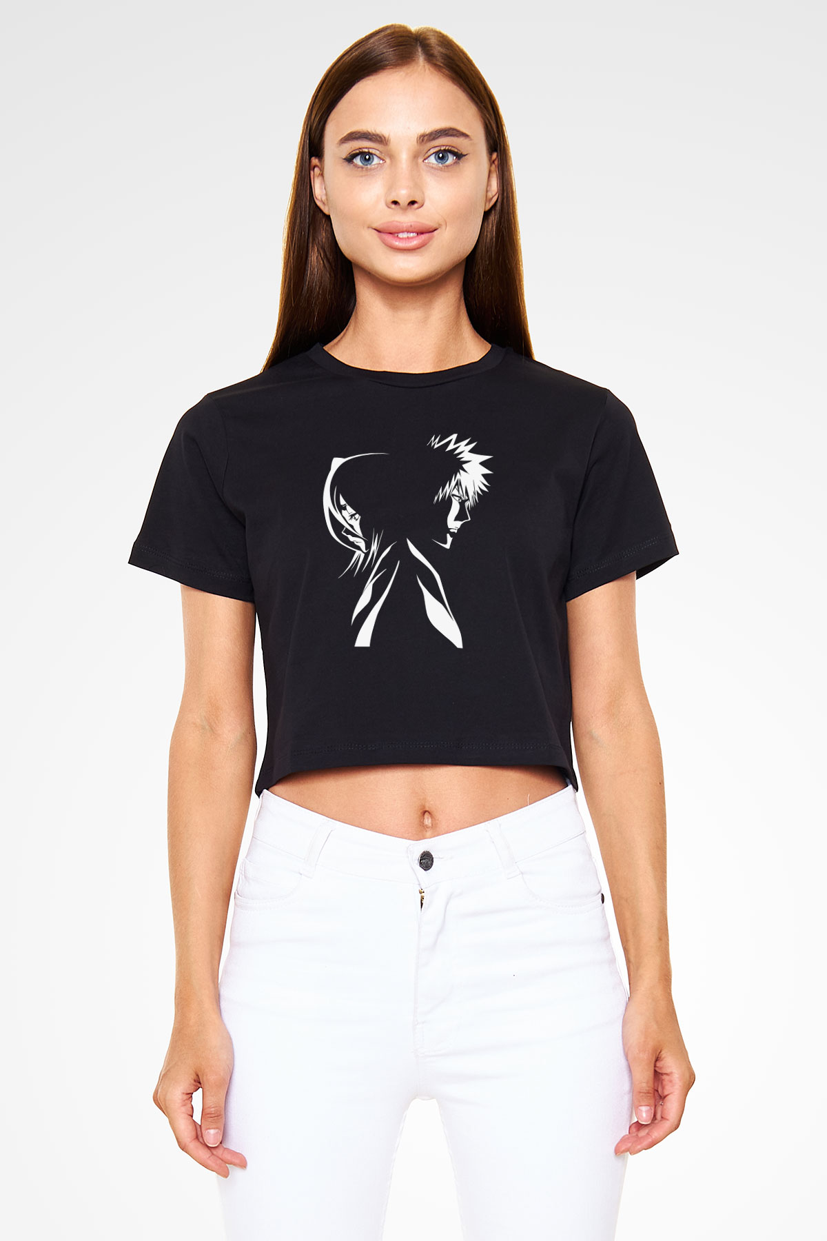 Bleach Baskılı Siyah Crop Top Kadın Tişört - Tshirt