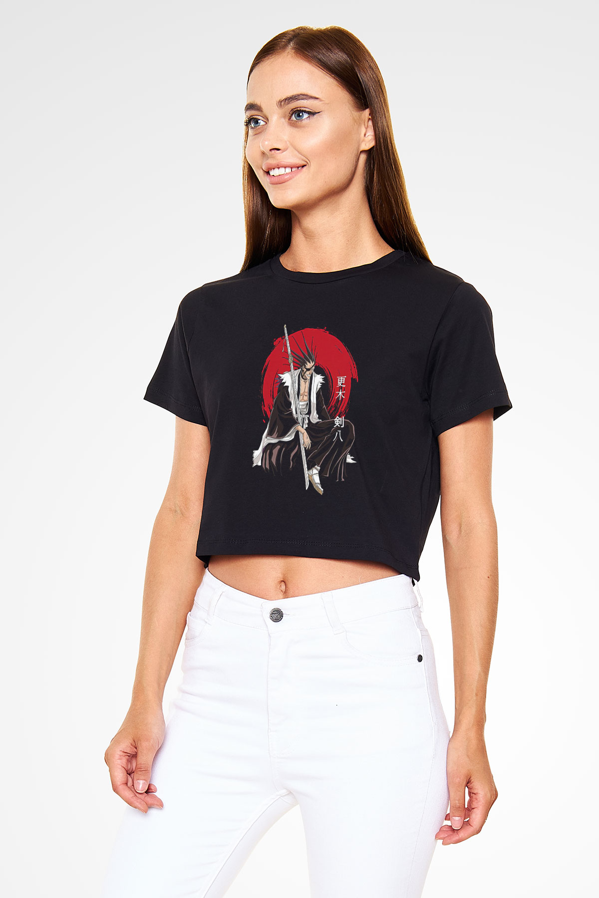 Bleach Baskılı Siyah Crop Top Kadın Tişört - Tshirt