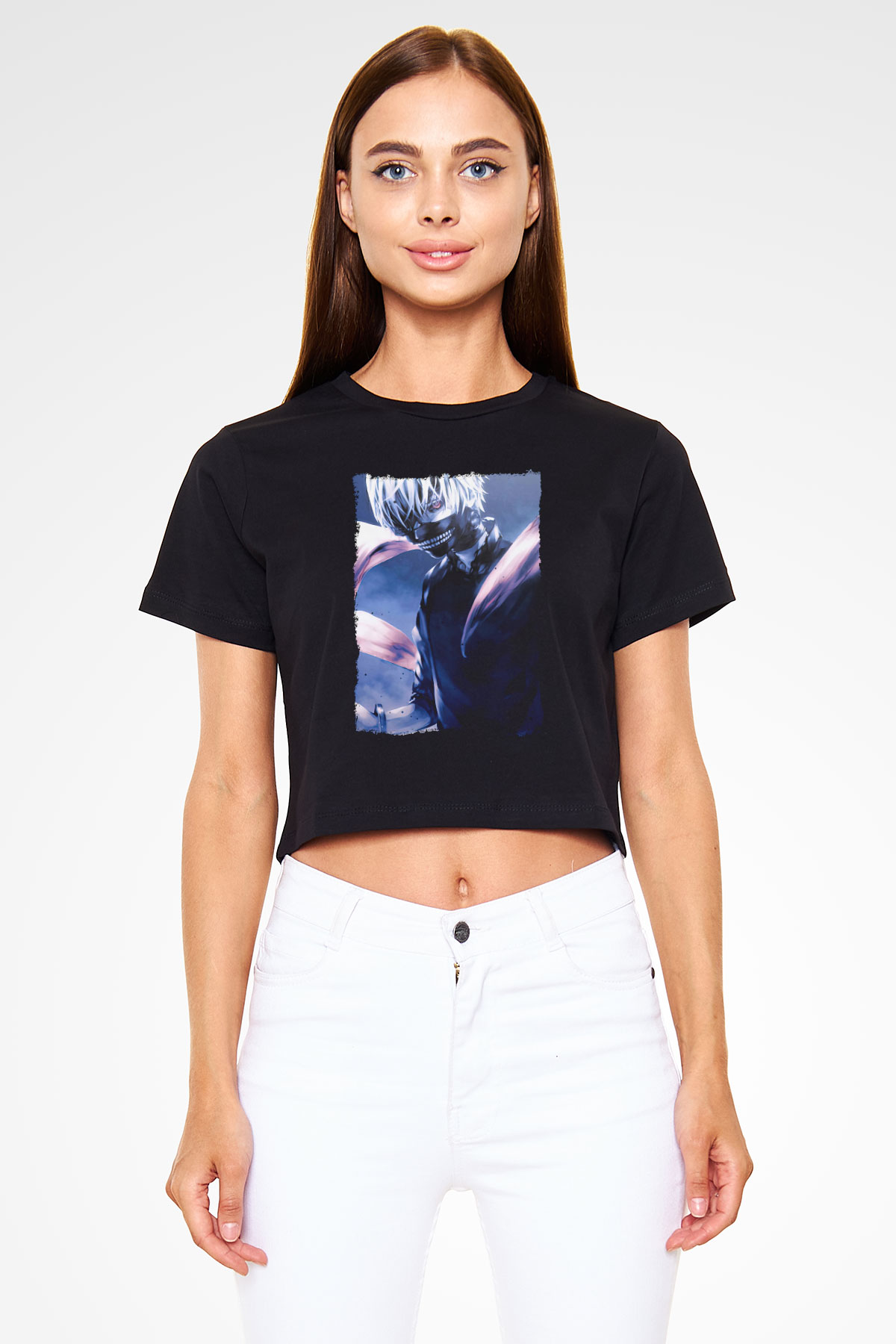 Bleach Baskılı Siyah Crop Top Kadın Tişört - Tshirt
