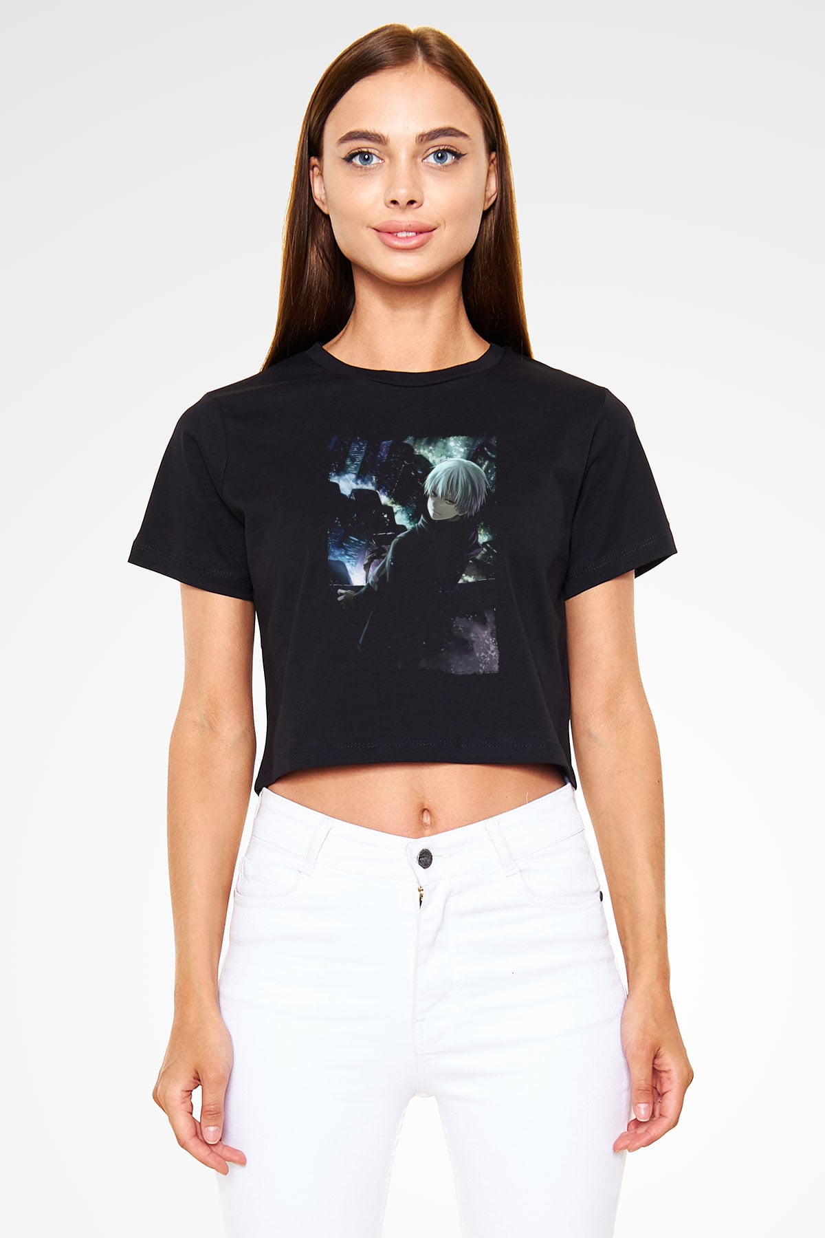 Bleach Baskılı Siyah Crop Top Kadın Tişört - Tshirt
