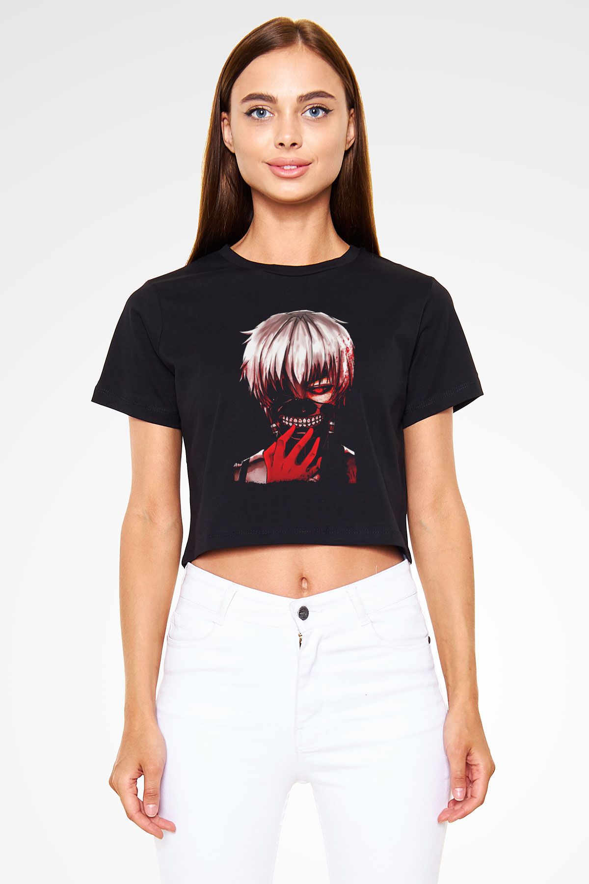 Bleach Baskılı Siyah Crop Top Kadın Tişört - Tshirt