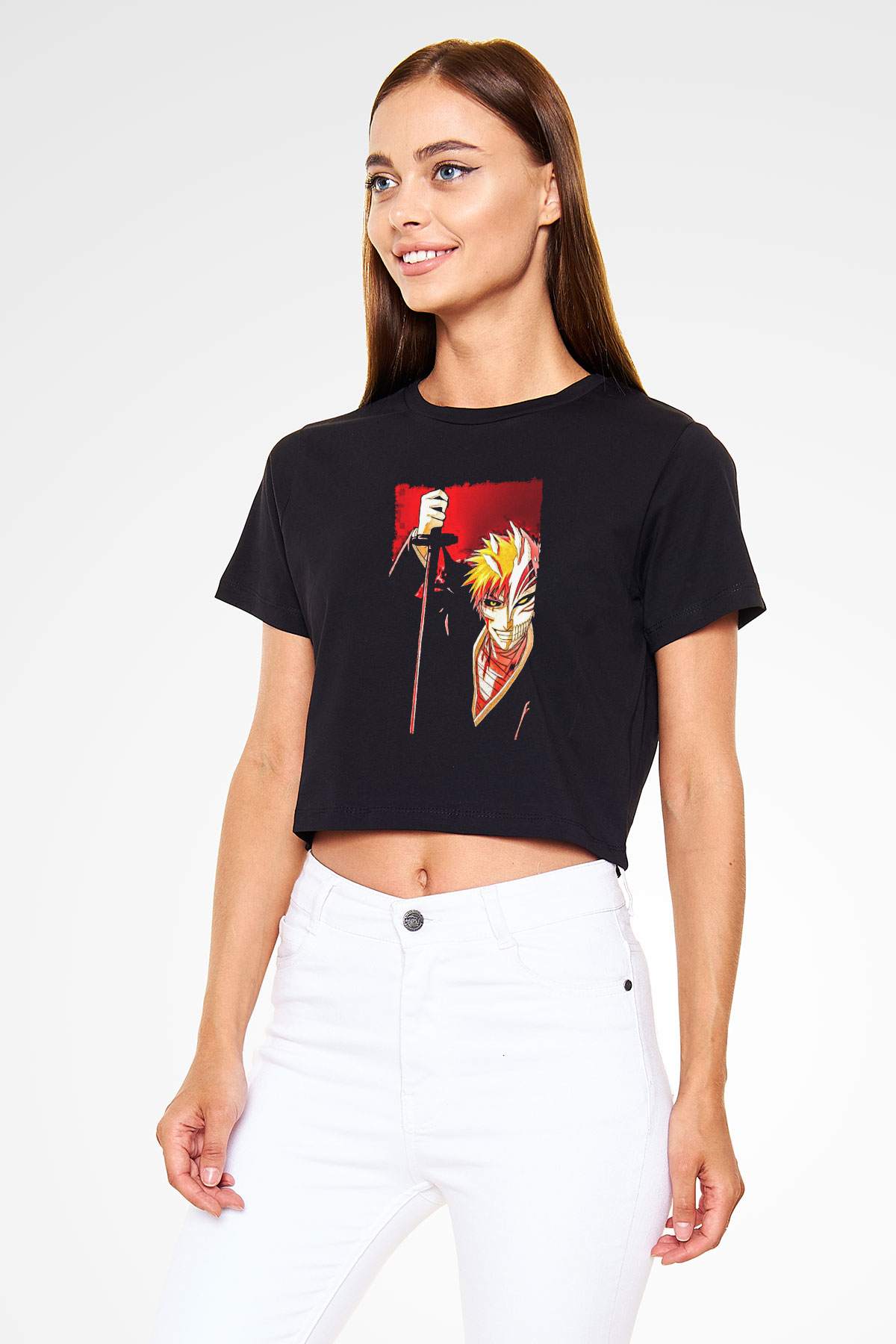 Bleach Baskılı Siyah Crop Top Kadın Tişört - Tshirt