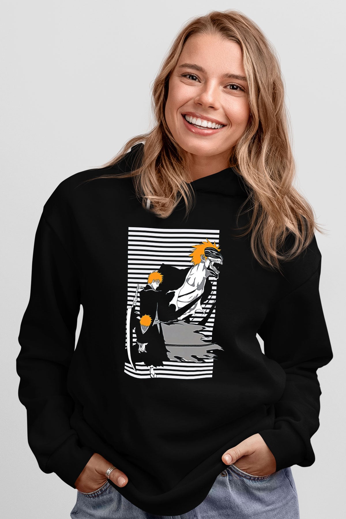 Bleach Baskılı Unisex Siyah Hoodie