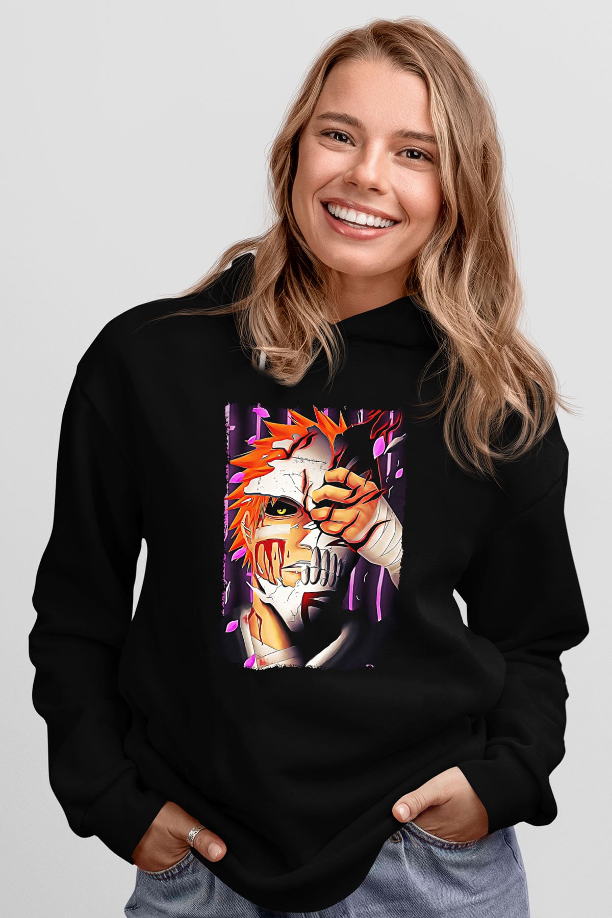 Bleach Baskılı Unisex Siyah Hoodie