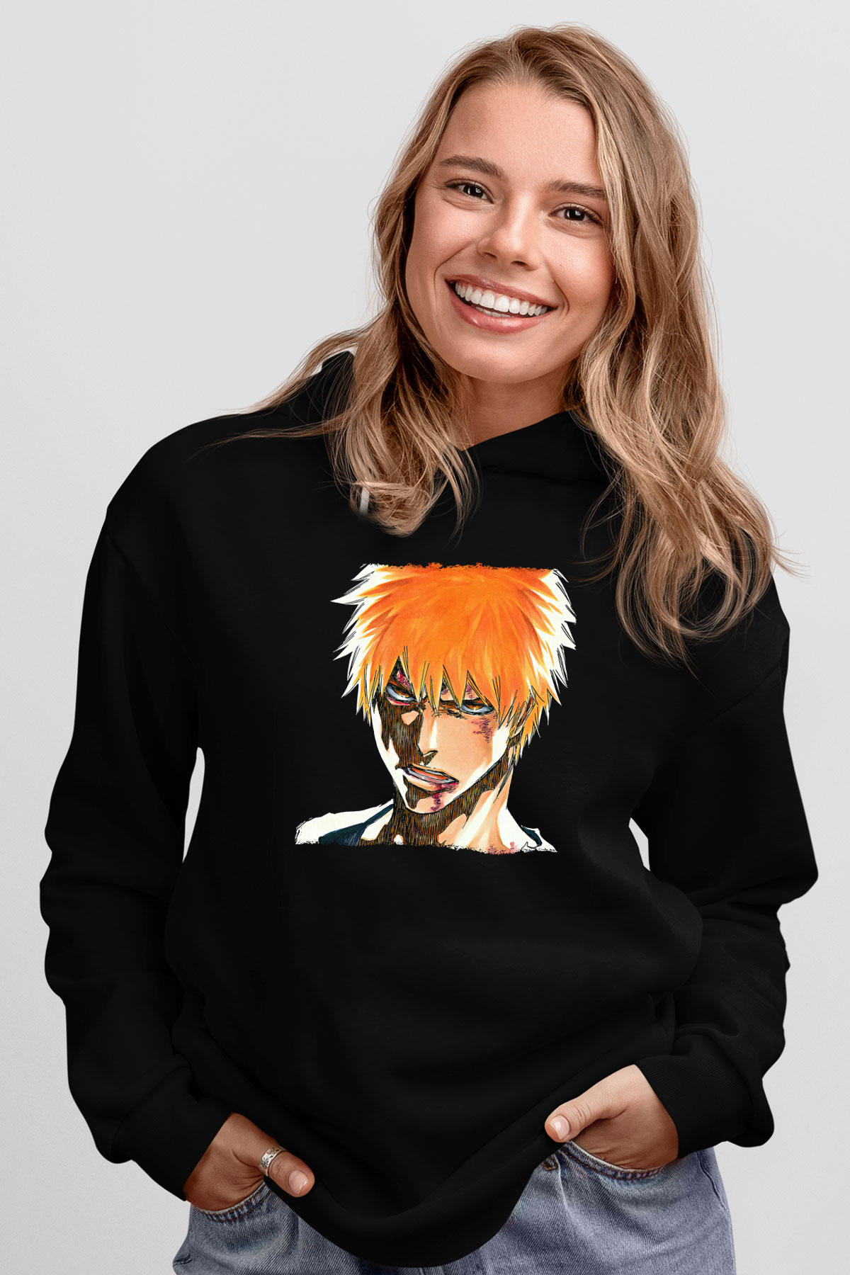 Bleach Baskılı Unisex Siyah Hoodie