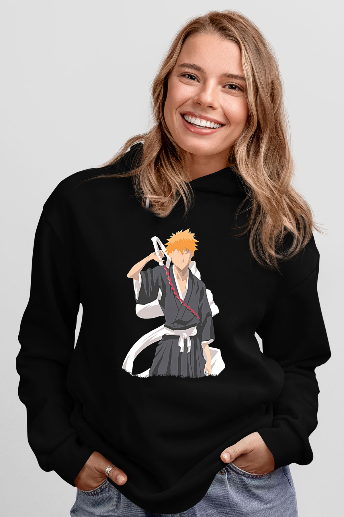 Bleach Baskılı Unisex Siyah Hoodie