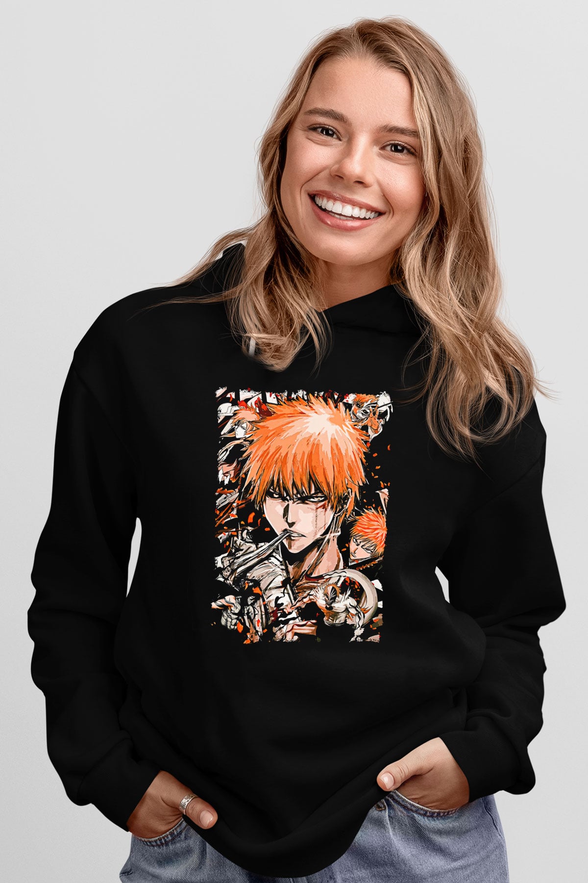 Bleach Baskılı Unisex Siyah Hoodie