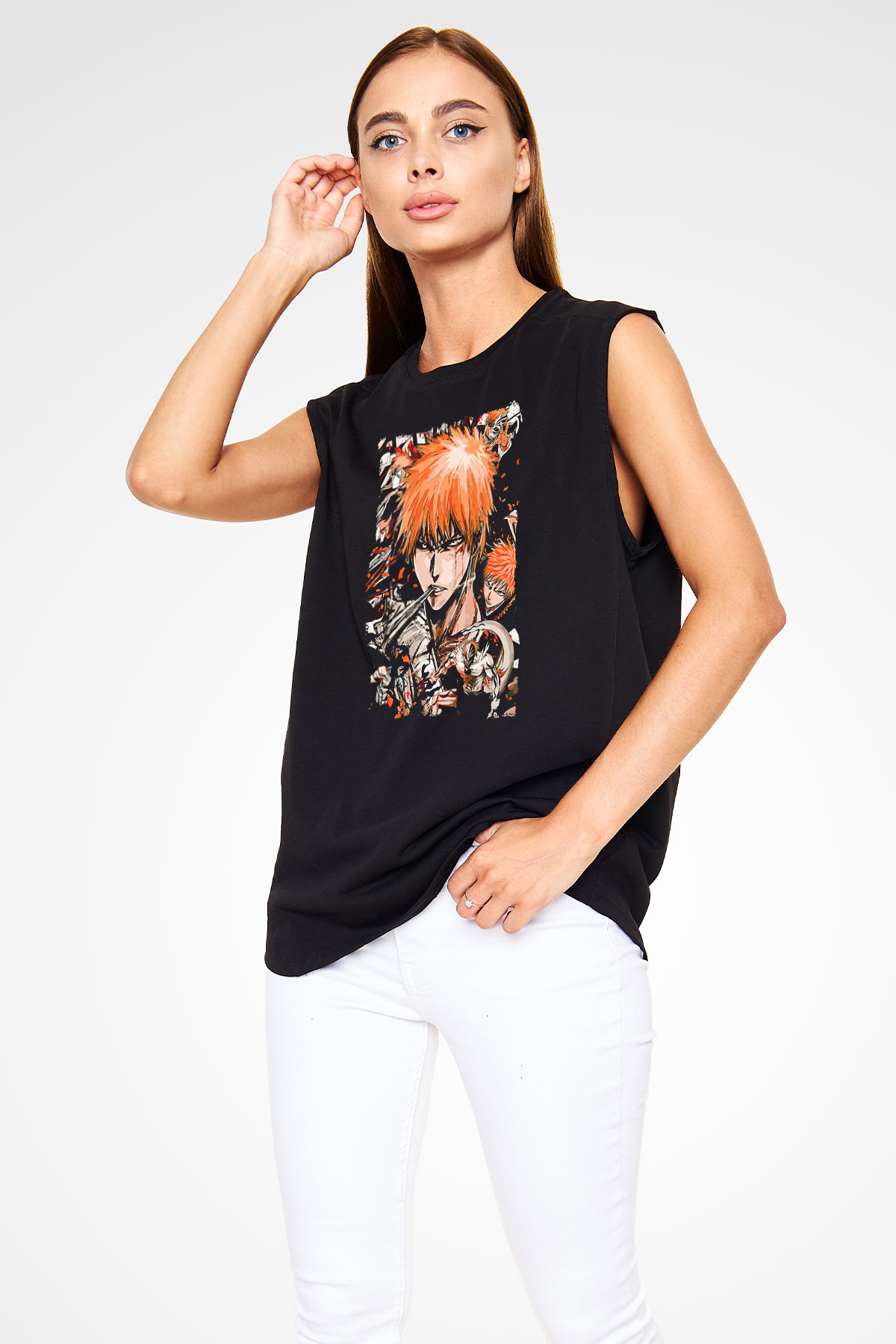 Bleach Baskılı Unisex Siyah Kolsuz Tişört - Tshirt