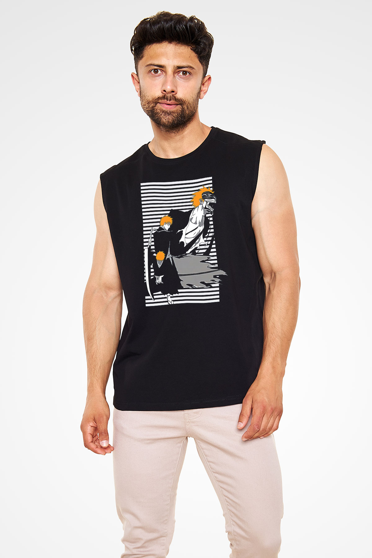 Bleach Baskılı Unisex Siyah Kolsuz Tişört - Tshirt