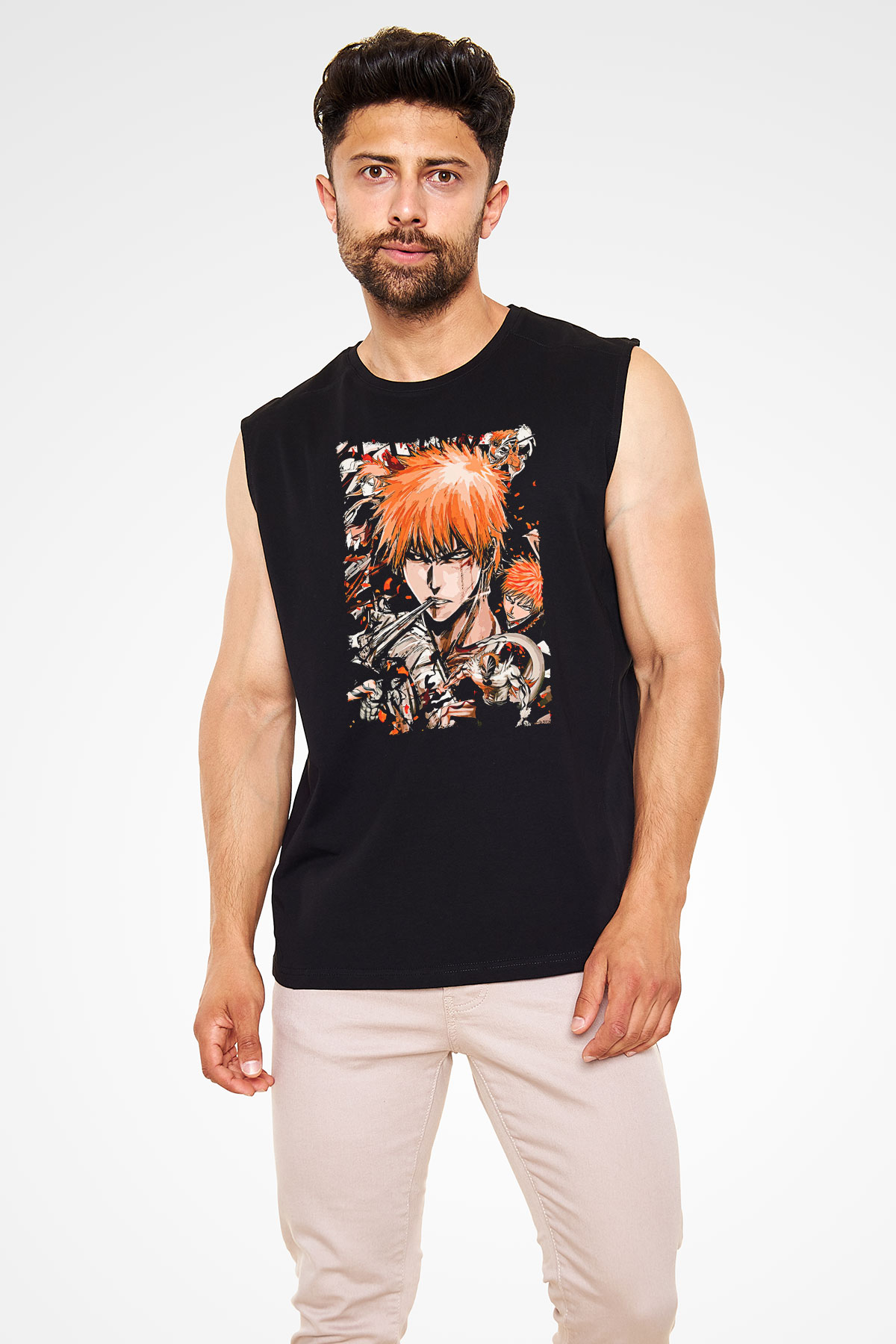 Bleach Baskılı Unisex Siyah Kolsuz Tişört - Tshirt