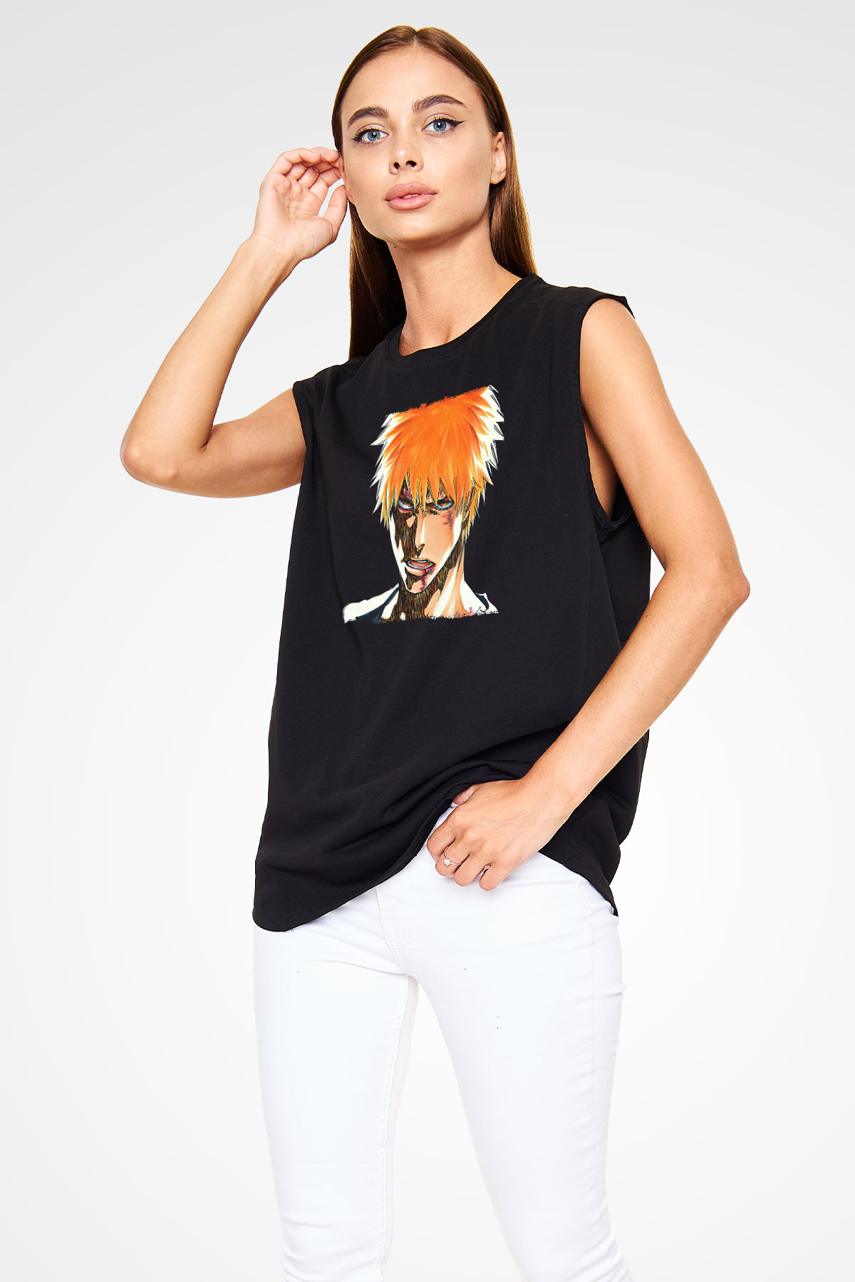 Bleach Baskılı Unisex Siyah Kolsuz Tişört - Tshirt