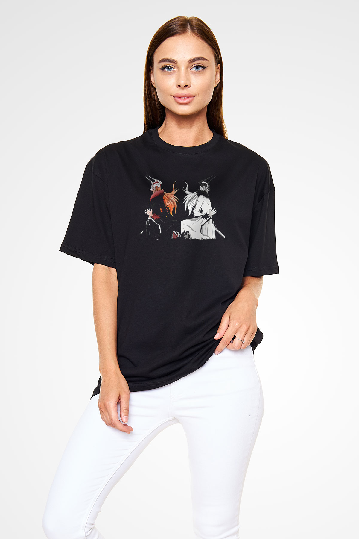Bleach Baskılı Unisex Siyah Oversize Tişört - Tshirt