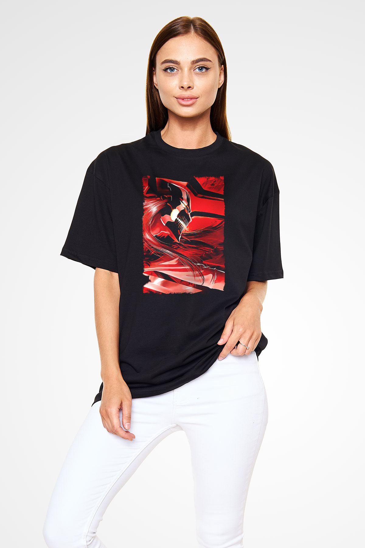 Bleach Baskılı Unisex Siyah Oversize Tişört - Tshirt