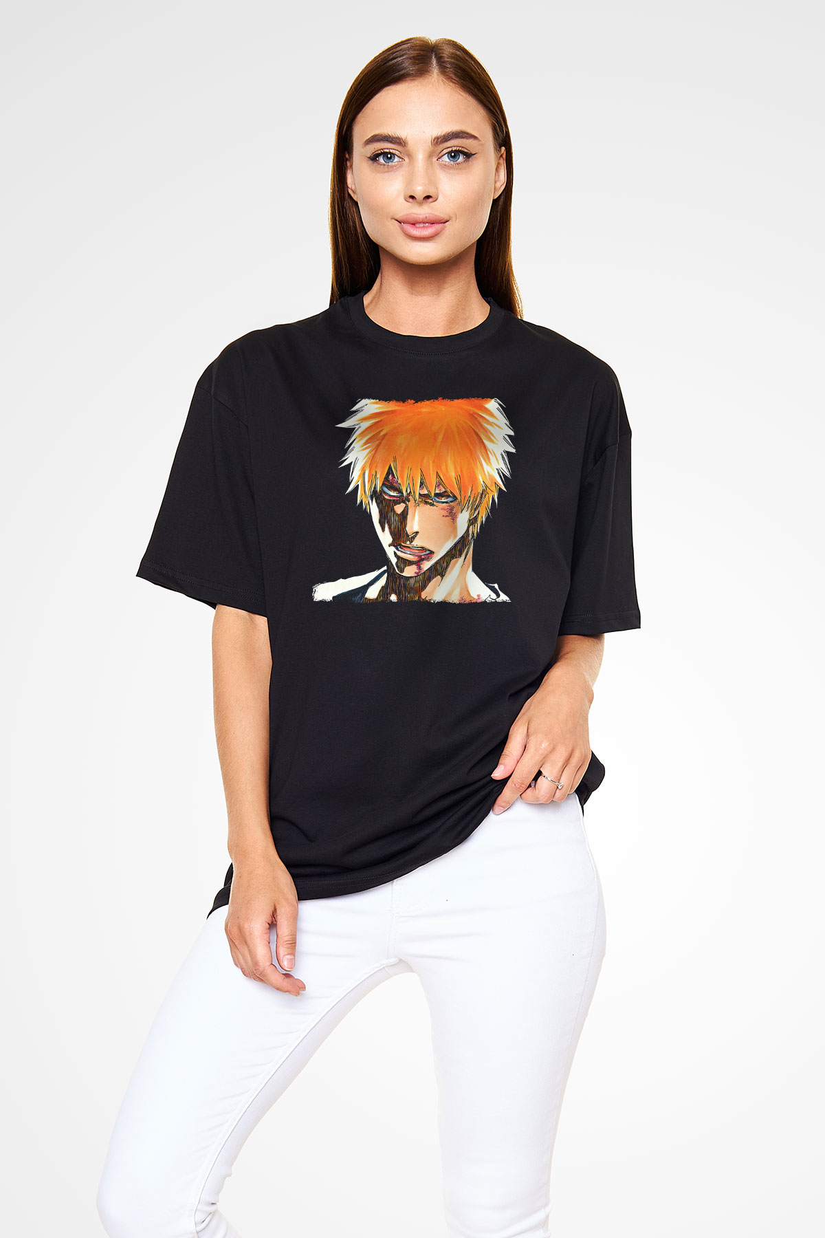 Bleach Baskılı Unisex Siyah Oversize Tişört - Tshirt