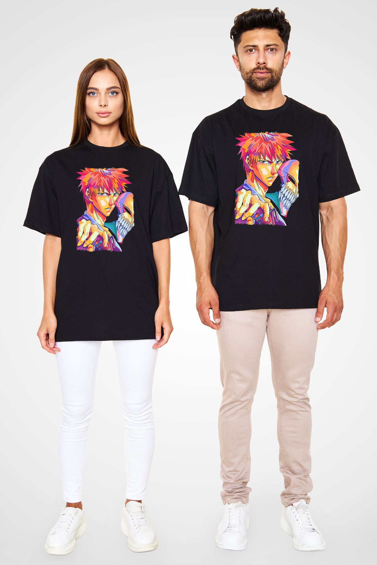 Bleach Baskılı Unisex Siyah Oversize Tişört - Tshirt