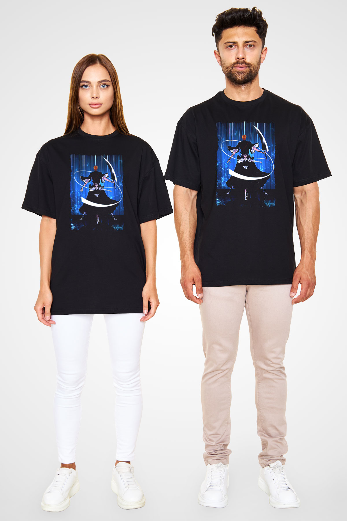 Bleach Baskılı Unisex Siyah Oversize Tişört - Tshirt