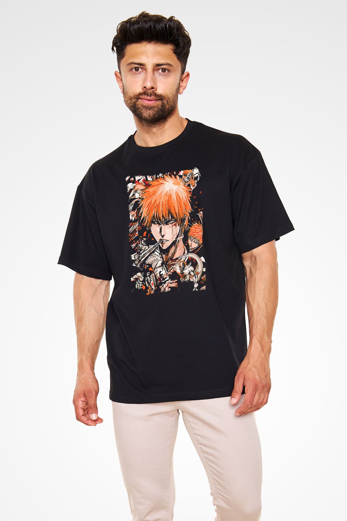 Bleach Baskılı Unisex Siyah Oversize Tişört - Tshirt
