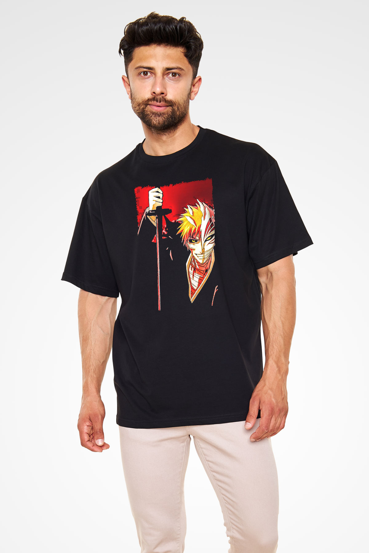 Bleach Baskılı Unisex Siyah Oversize Tişört - Tshirt