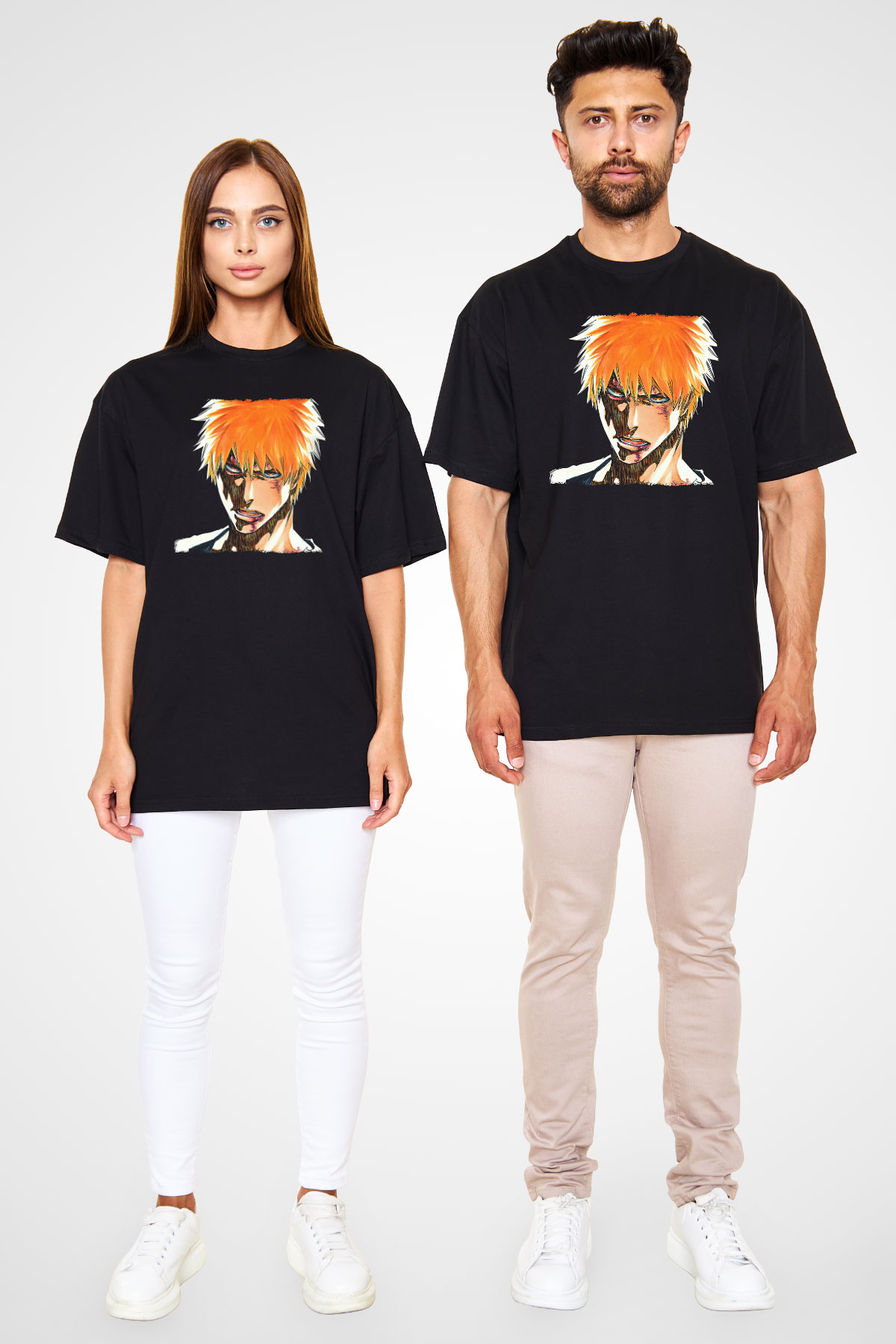 Bleach Baskılı Unisex Siyah Oversize Tişört - Tshirt