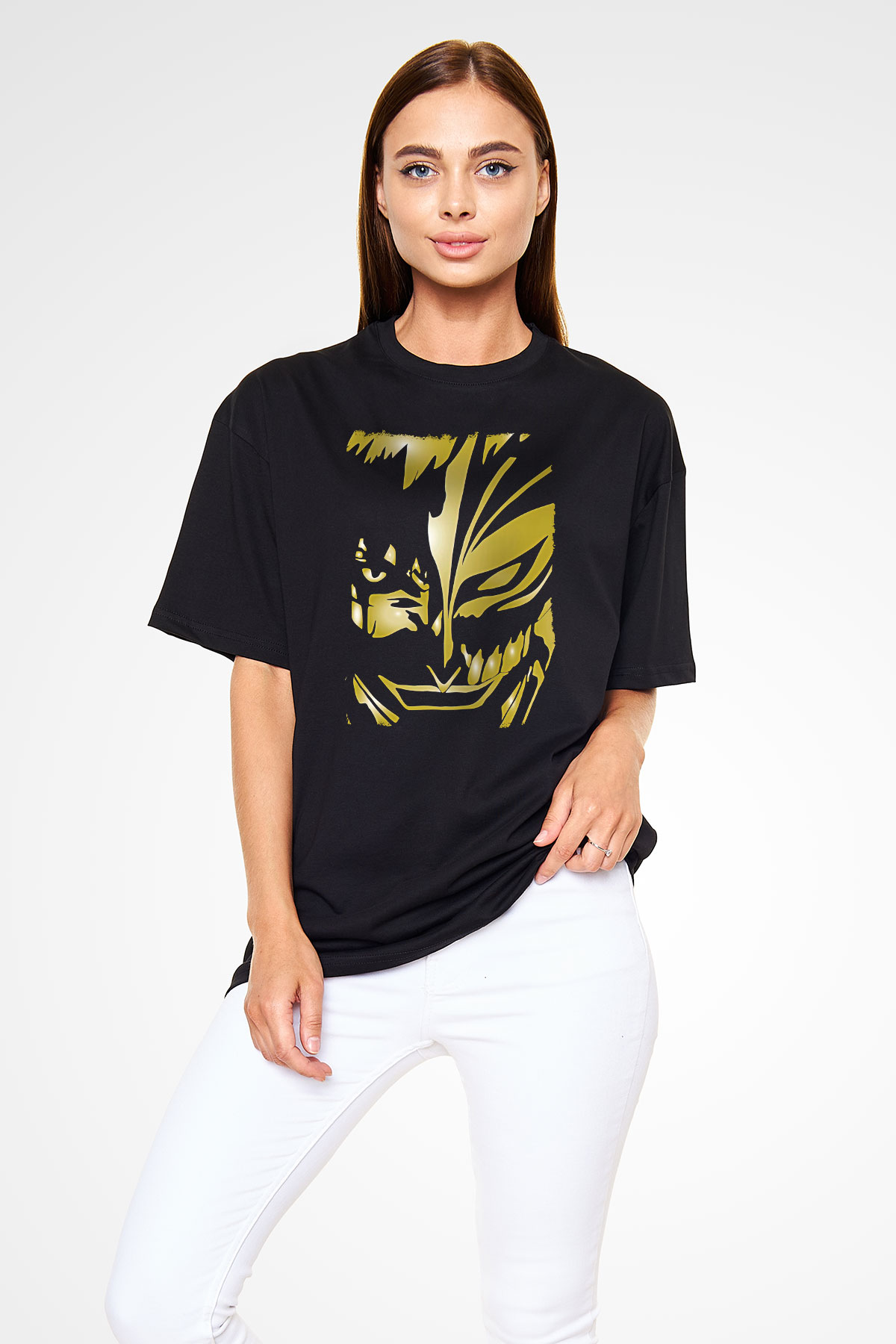 Bleach Baskılı Unisex Siyah Oversize Tişört - Tshirt