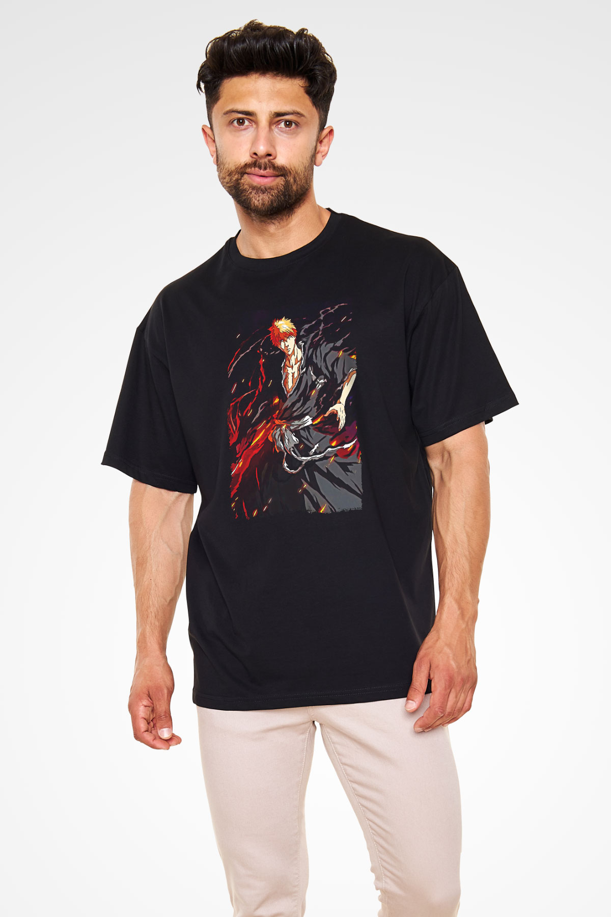 Bleach Baskılı Unisex Siyah Oversize Tişört - Tshirt