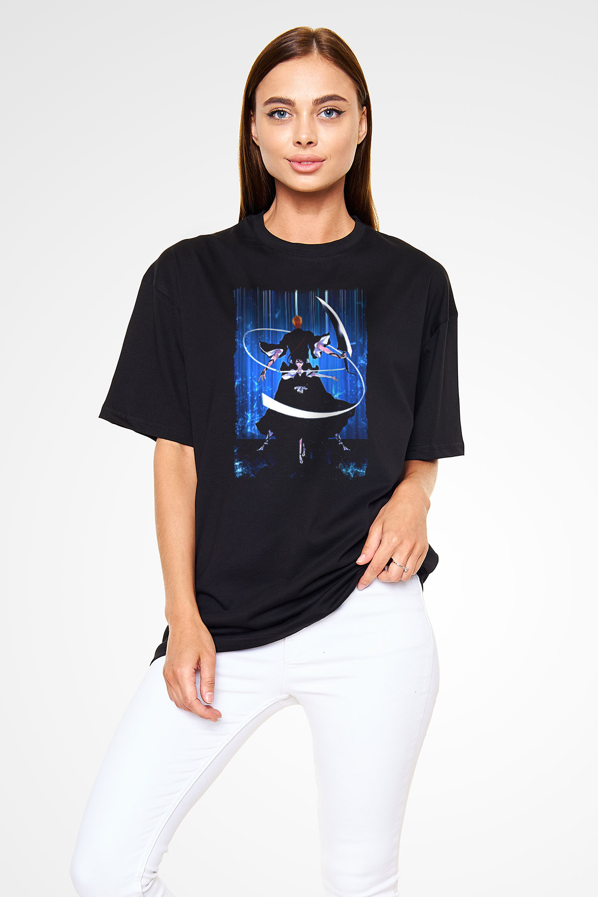 Bleach Baskılı Unisex Siyah Oversize Tişört - Tshirt