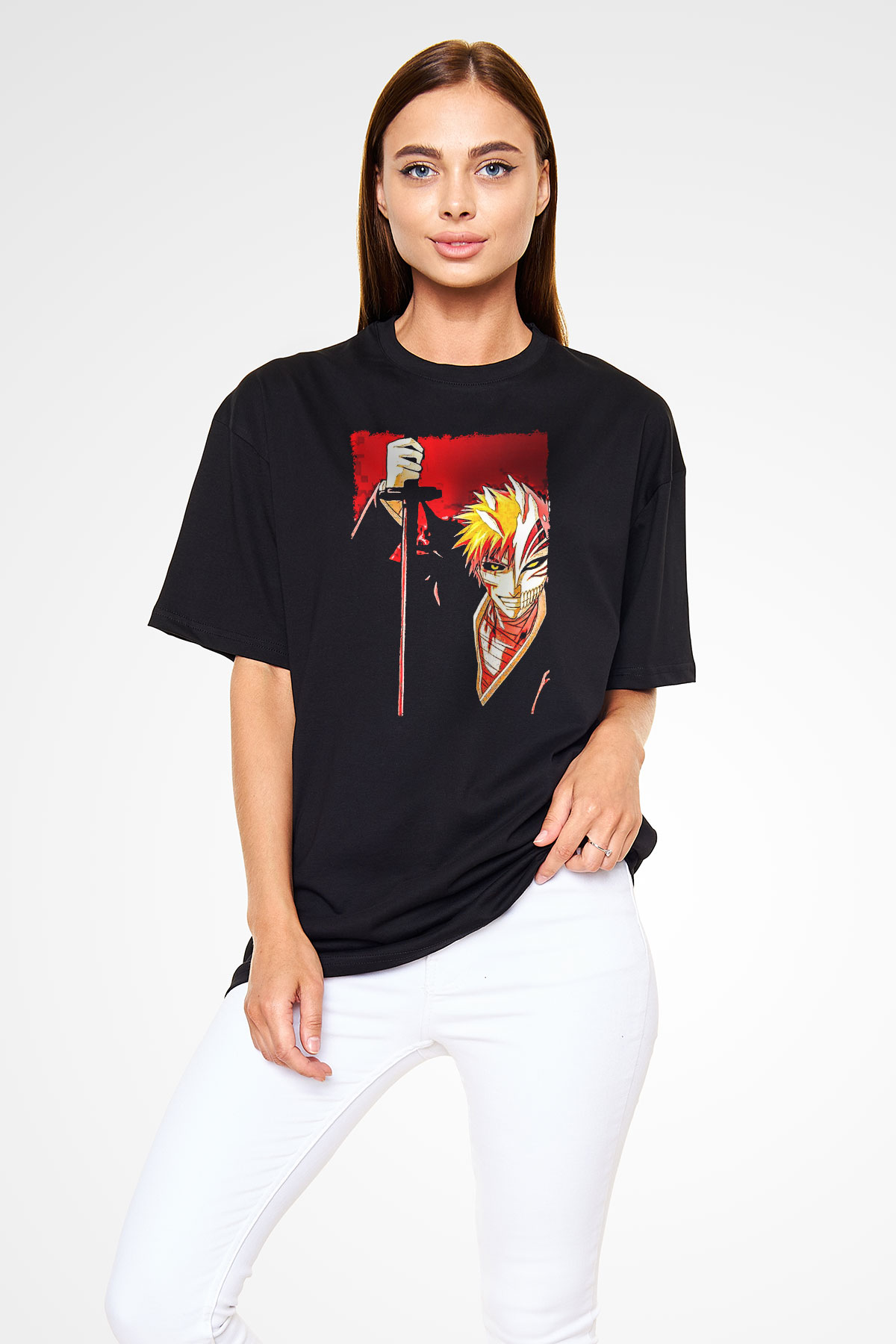 Bleach Baskılı Unisex Siyah Oversize Tişört - Tshirt