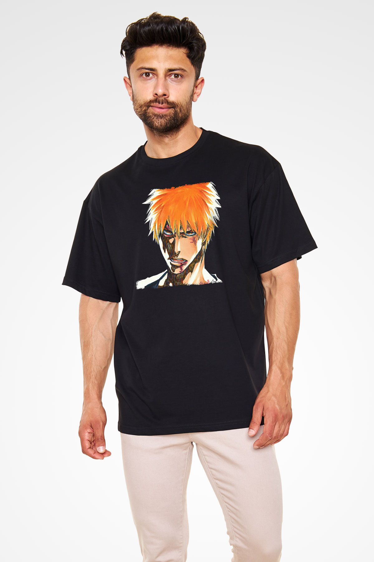 Bleach Baskılı Unisex Siyah Oversize Tişört - Tshirt