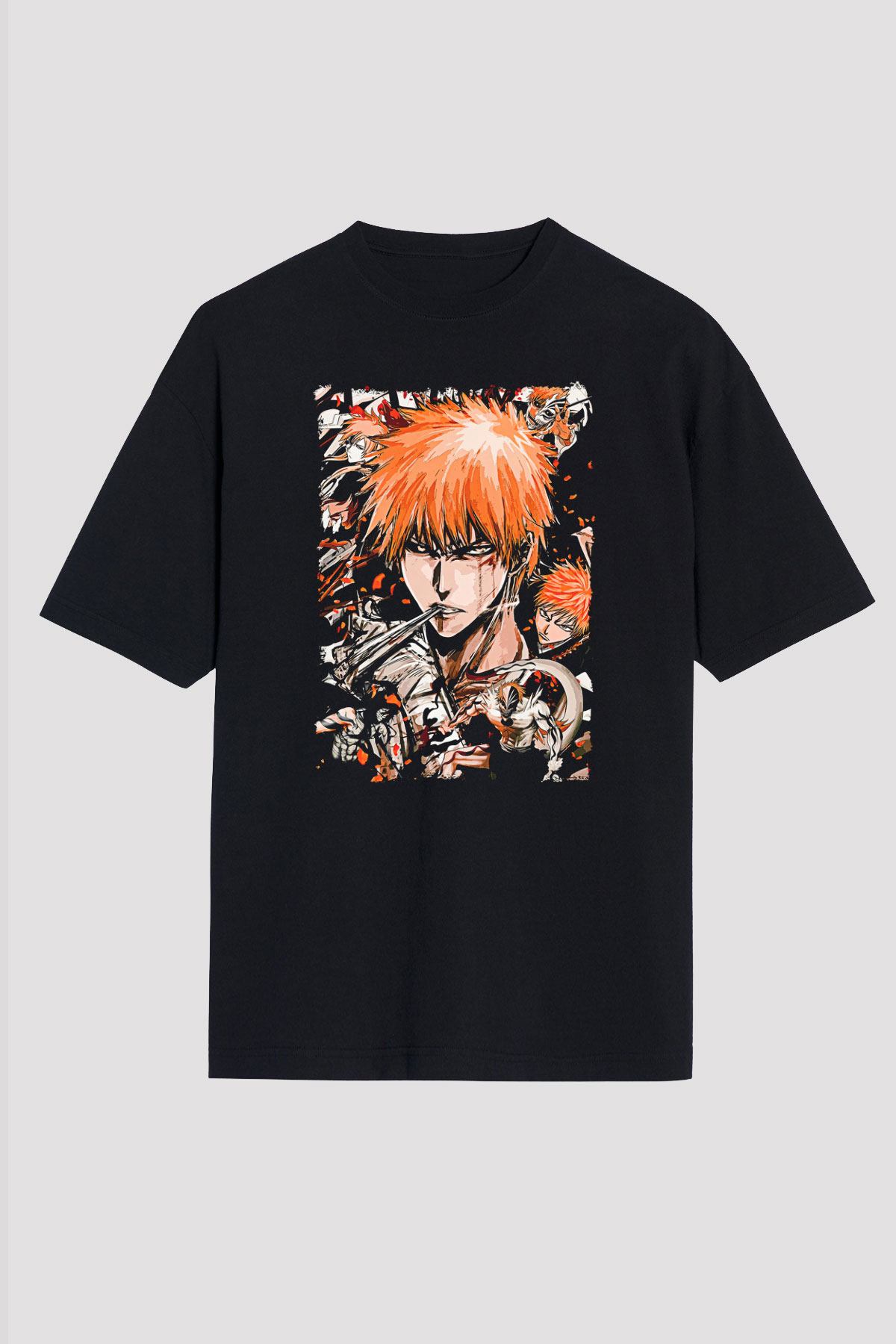 Bleach Baskılı Unisex Siyah Oversize Tişört - Tshirt