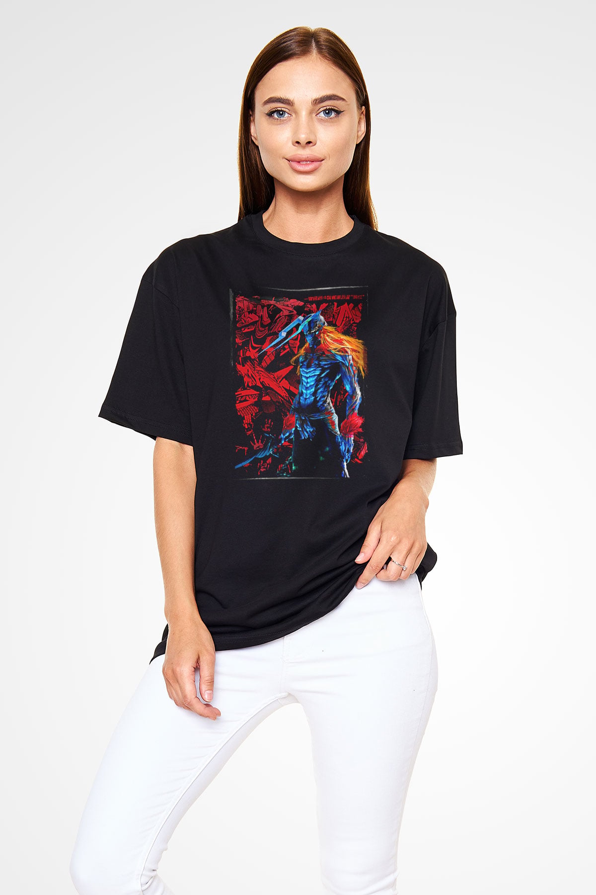 Bleach Baskılı Unisex Siyah Oversize Tişört - Tshirt