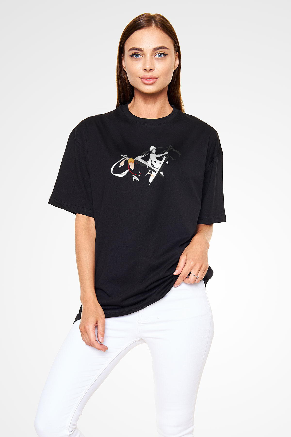 Bleach Baskılı Unisex Siyah Oversize Tişört - Tshirt