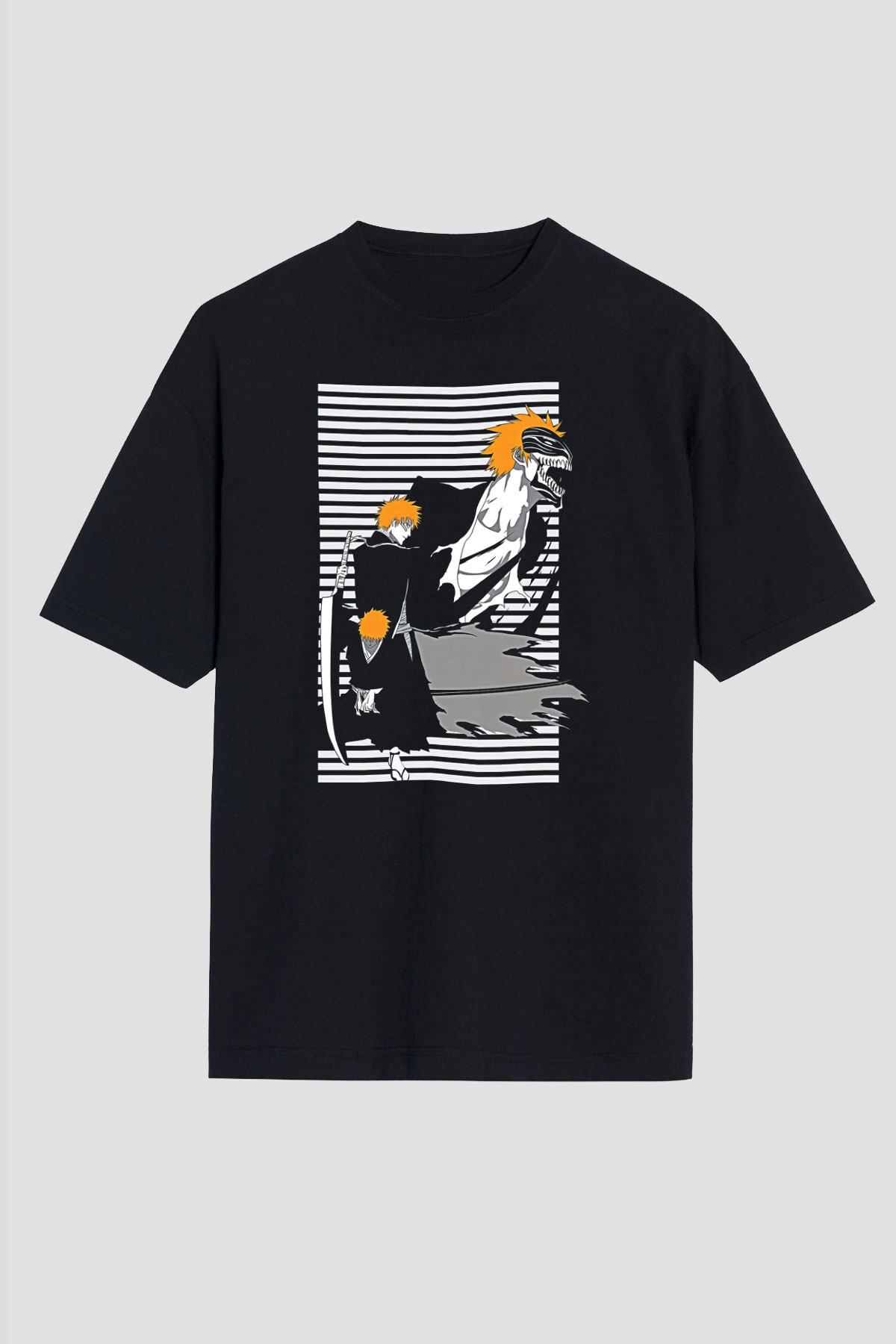Bleach Baskılı Unisex Siyah Oversize Tişört - Tshirt