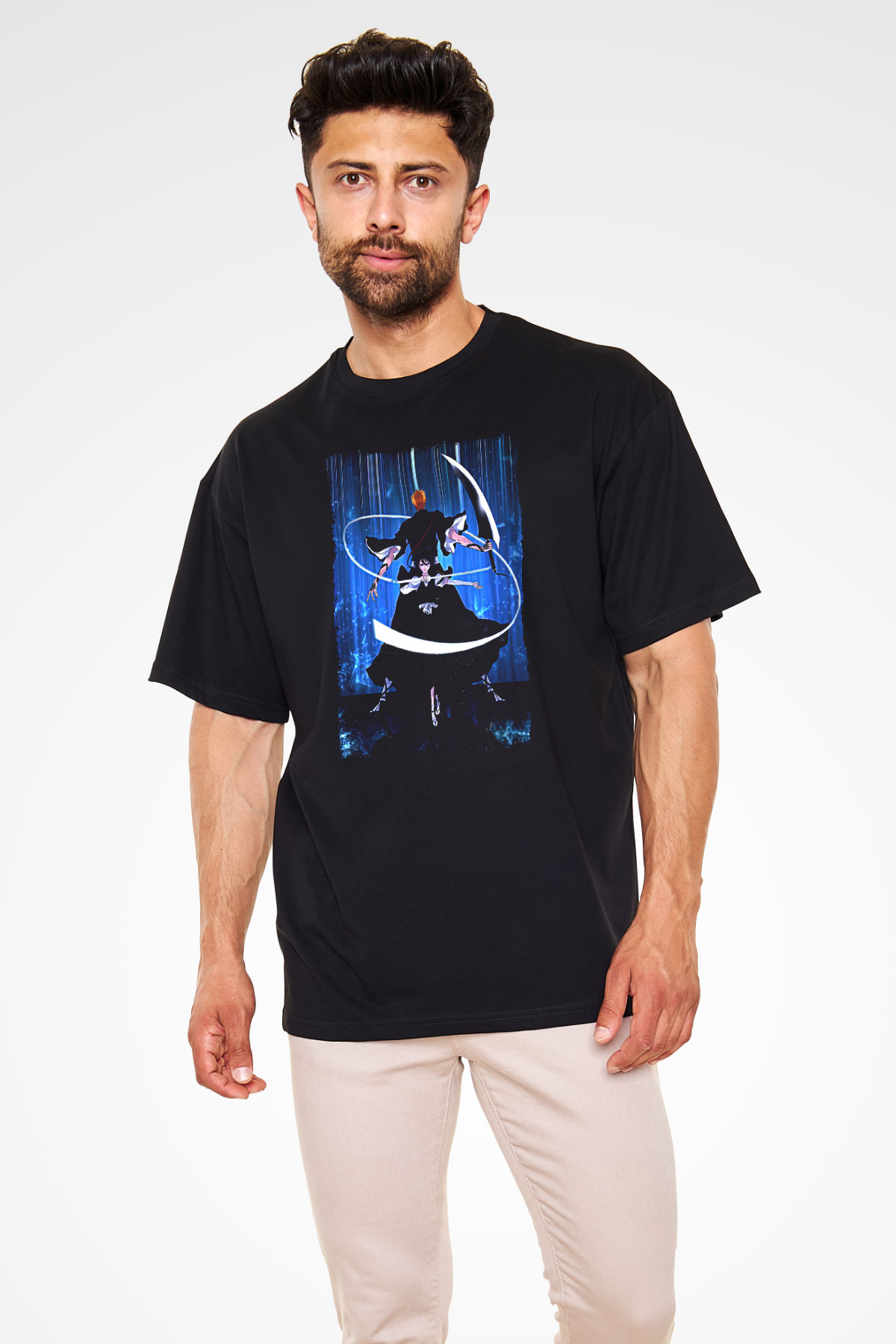 Bleach Baskılı Unisex Siyah Oversize Tişört - Tshirt