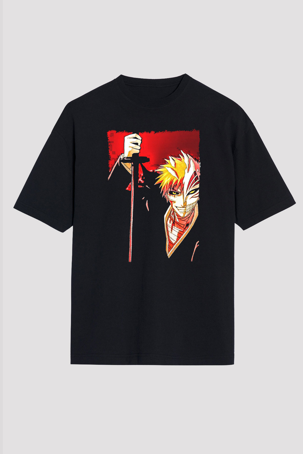 Bleach Baskılı Unisex Siyah Oversize Tişört - Tshirt