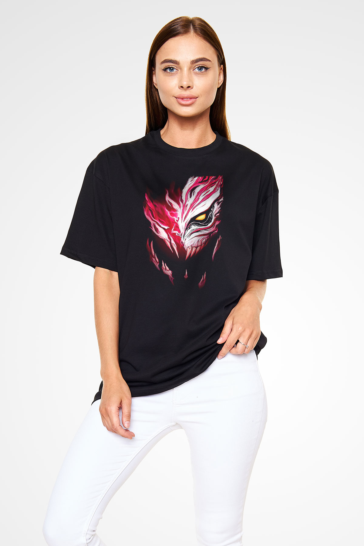 Bleach Baskılı Unisex Siyah Oversize Tişört - Tshirt