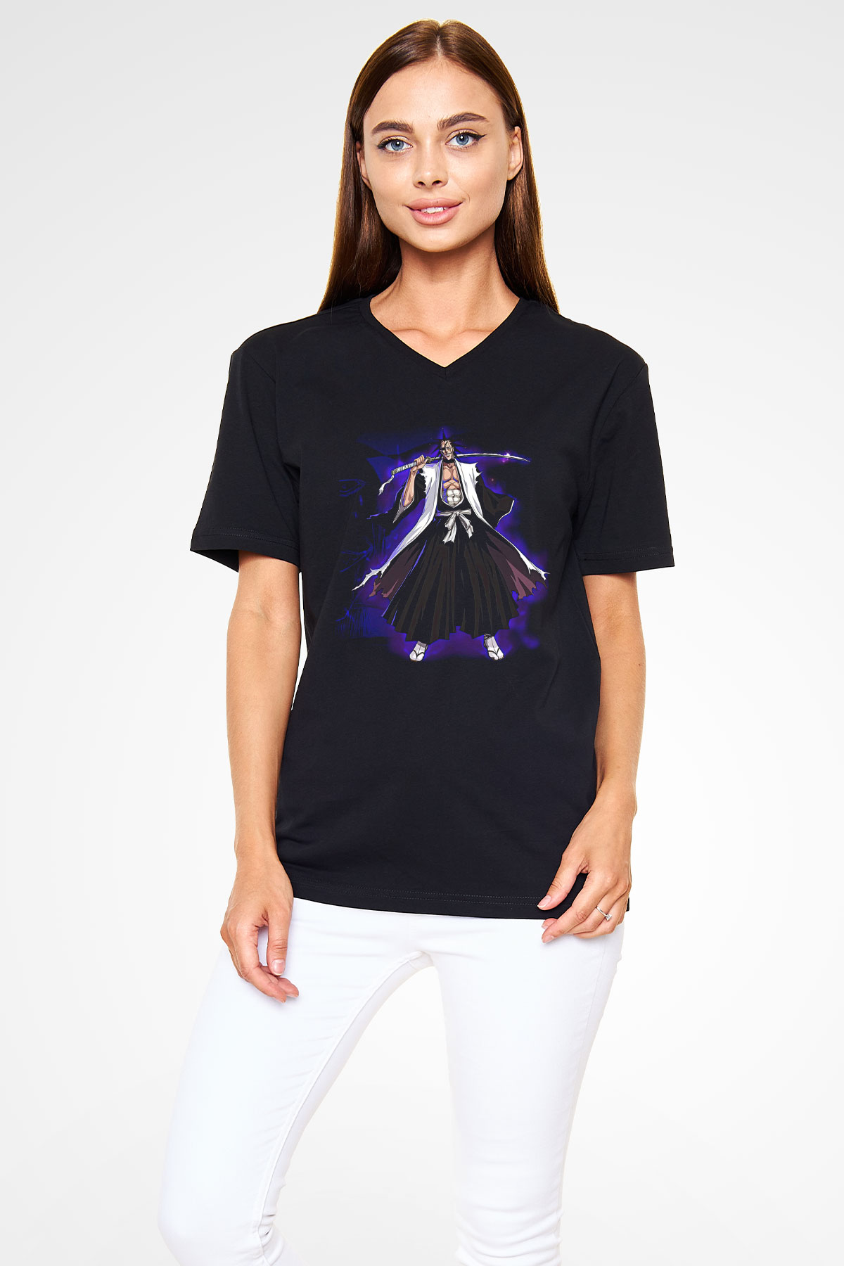 Bleach Baskılı Unisex Siyah V Yaka Tişört - Tshirt