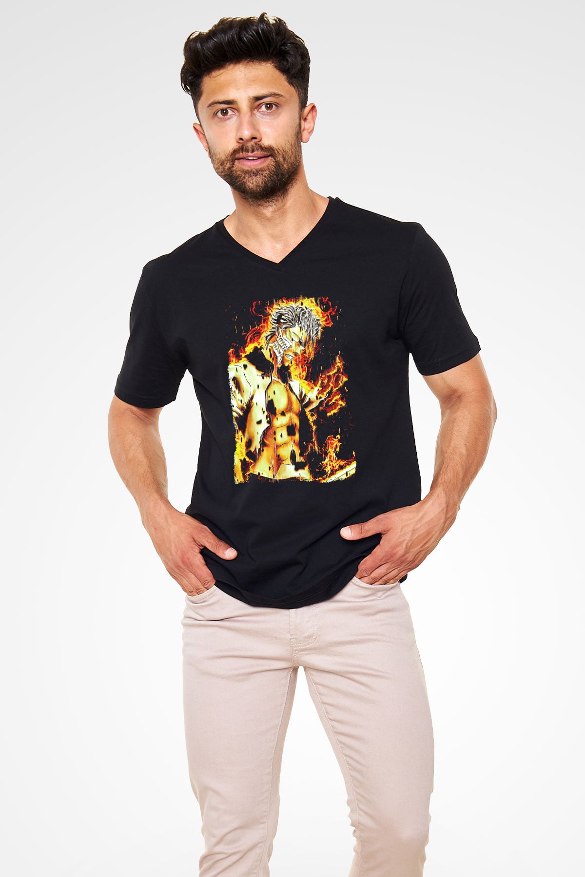 Bleach Baskılı Unisex Siyah V Yaka Tişört - Tshirt