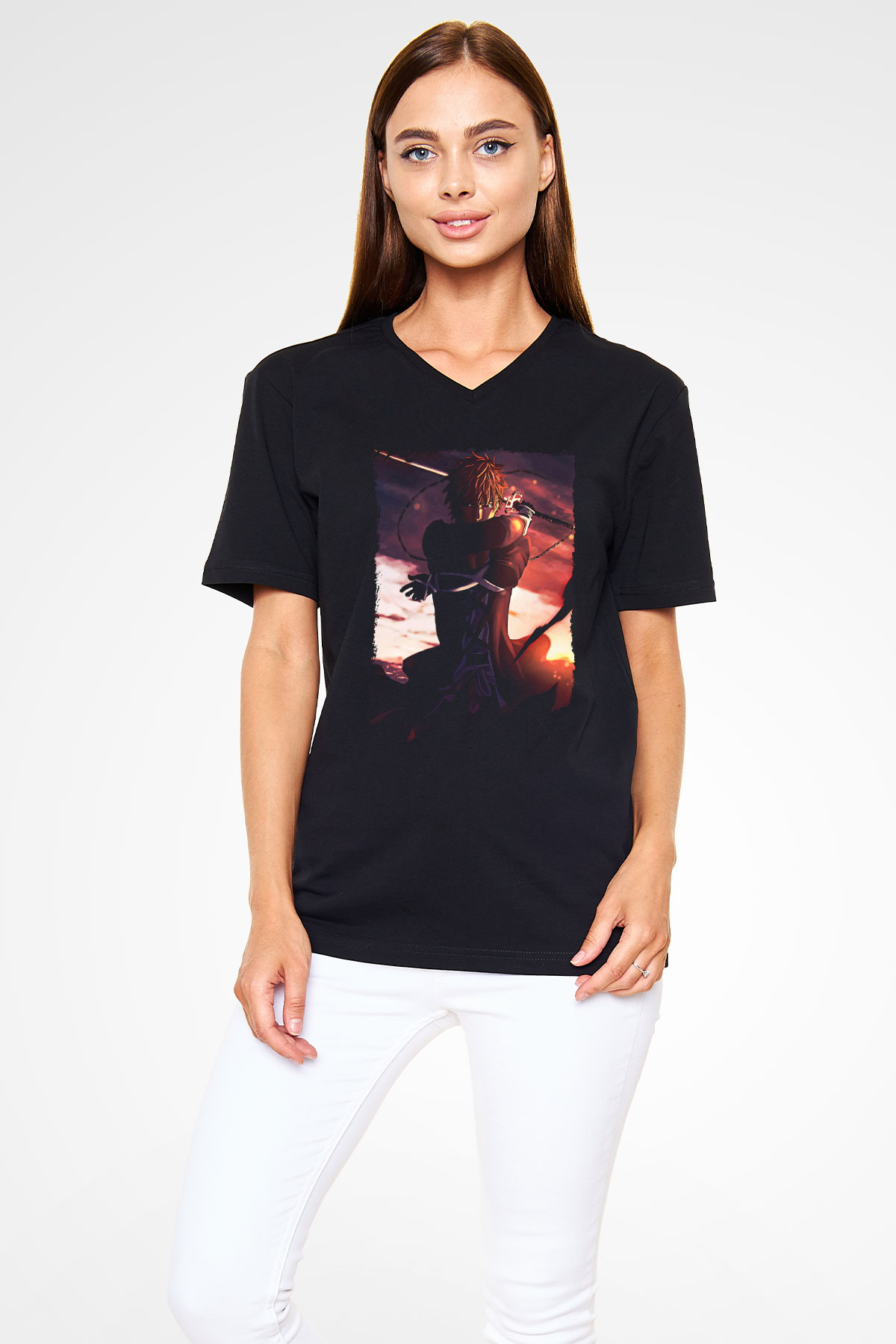 Bleach Baskılı Unisex Siyah V Yaka Tişört - Tshirt
