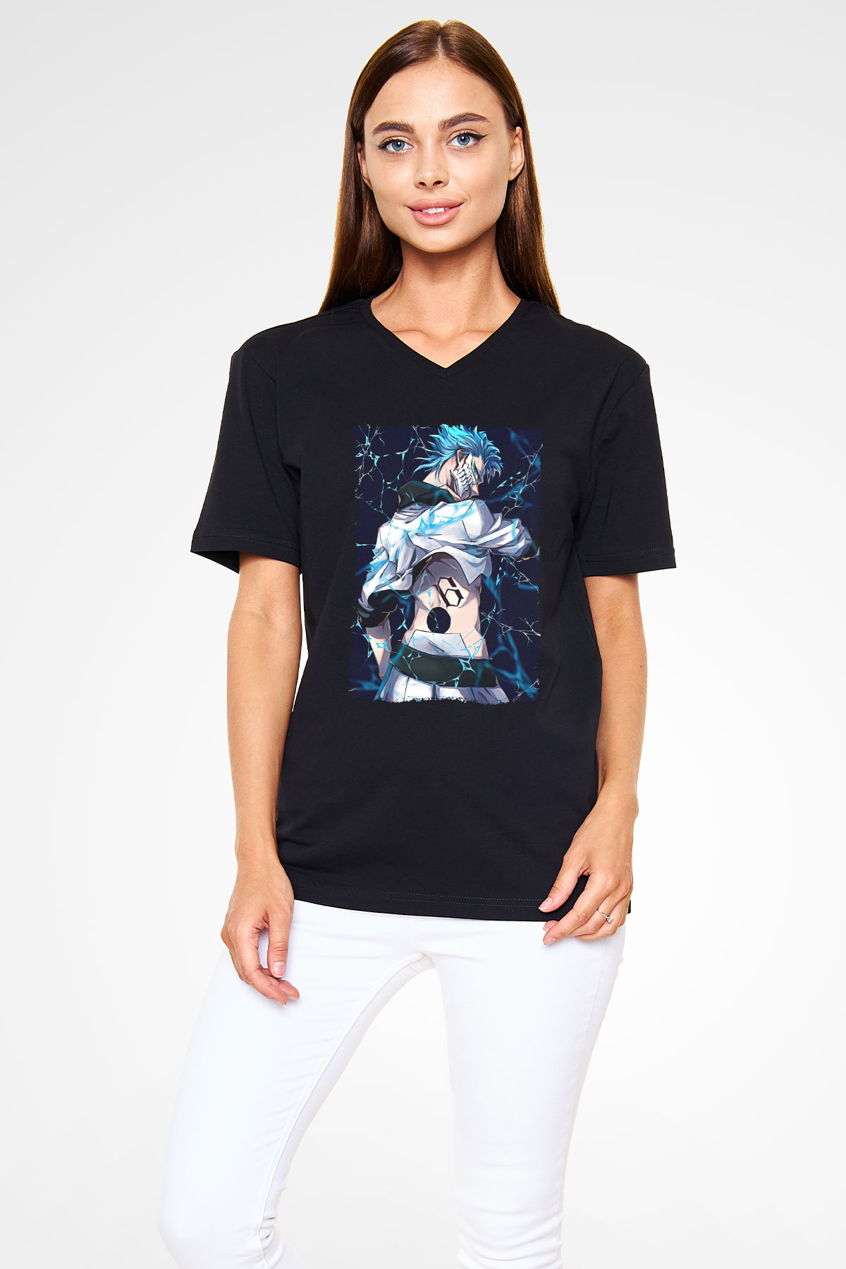 Bleach Baskılı Unisex Siyah V Yaka Tişört - Tshirt